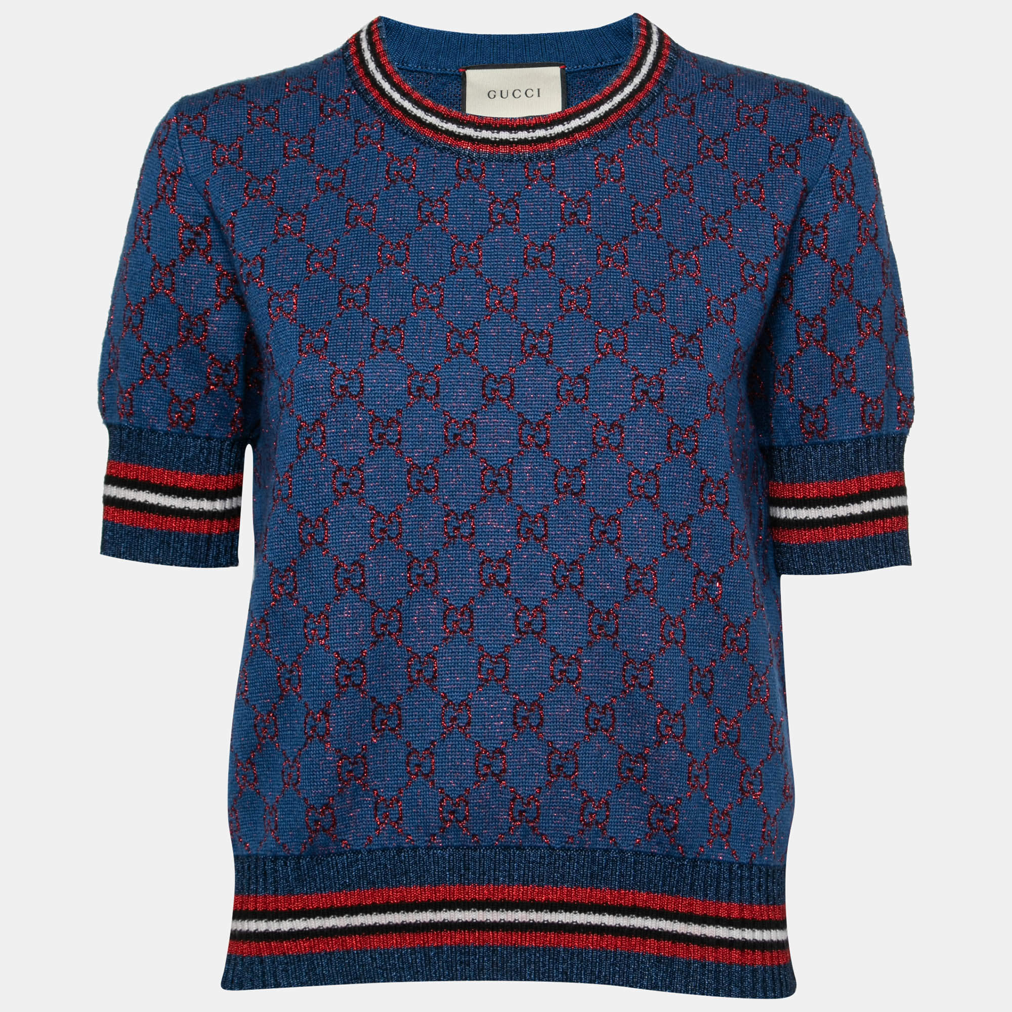 Pre Owned Gucci Blue GG Lurex jacquard Wool Round Neck Jumper L