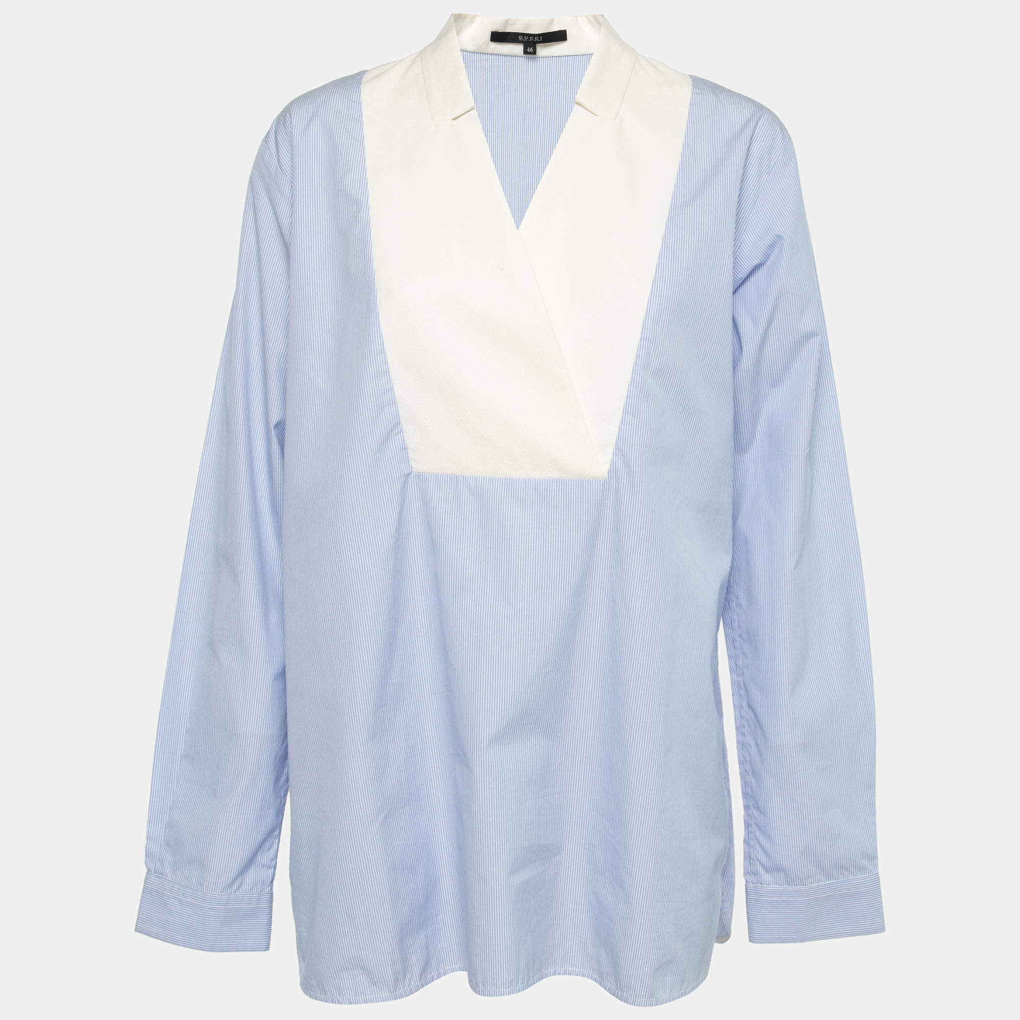 Gucci Blue Striped Cotton Contrast Paneled Long Sleeve Shirt L
