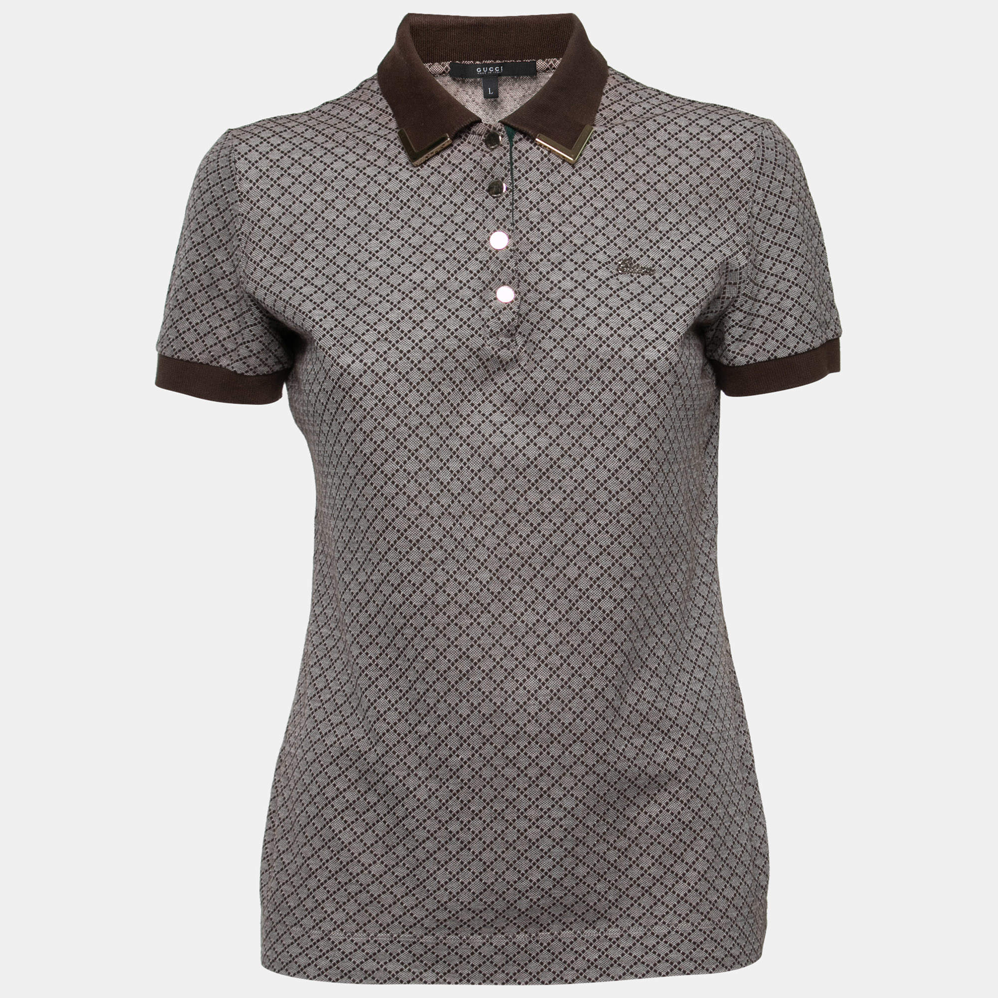 Pre Owned Gucci Brown Patterned Cotton Pique Short Sleeve Polo T-Shirt L