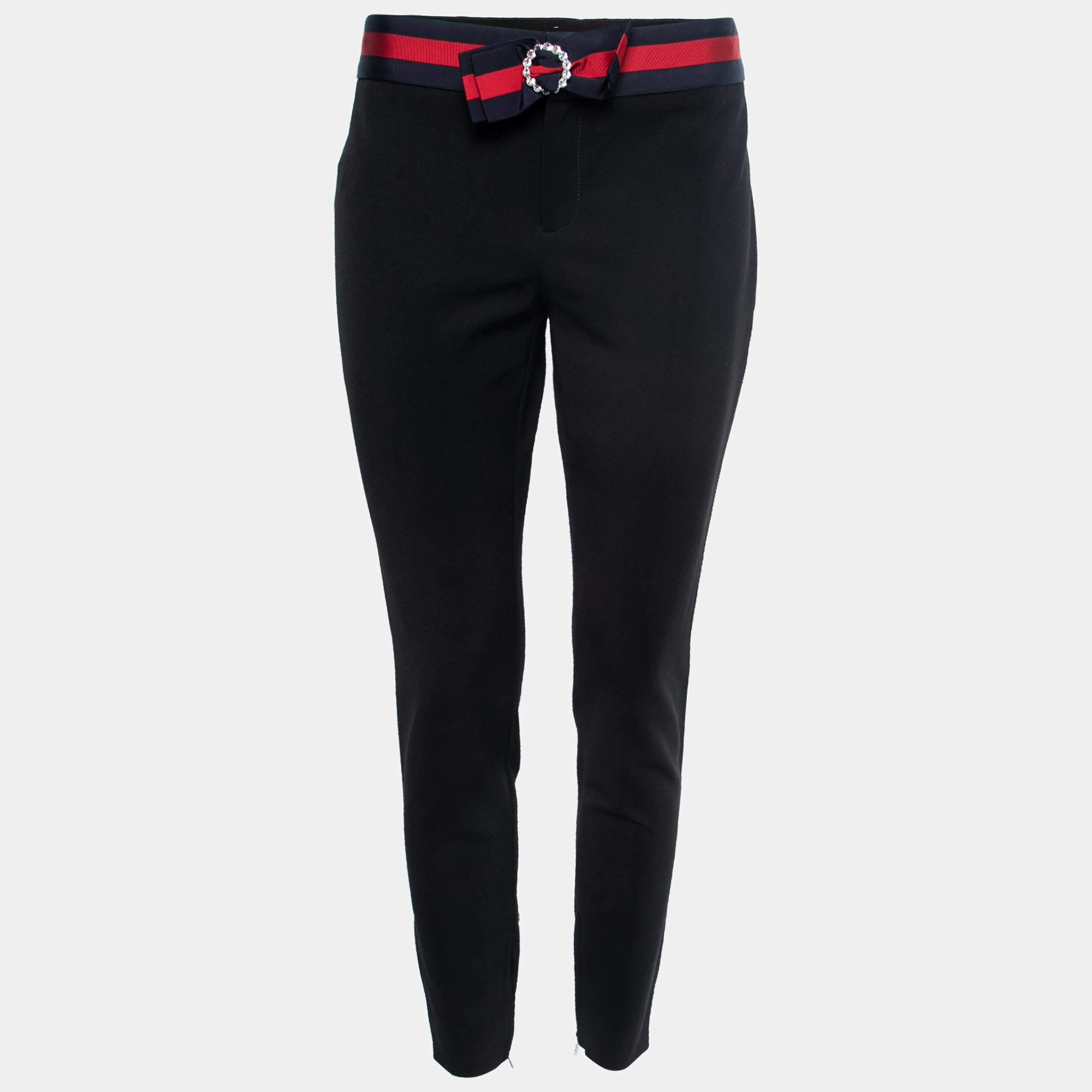 Pre Owned Gucci Black Stretch-Knit Contrast Trim Bow-Detail Skinny Pants M 