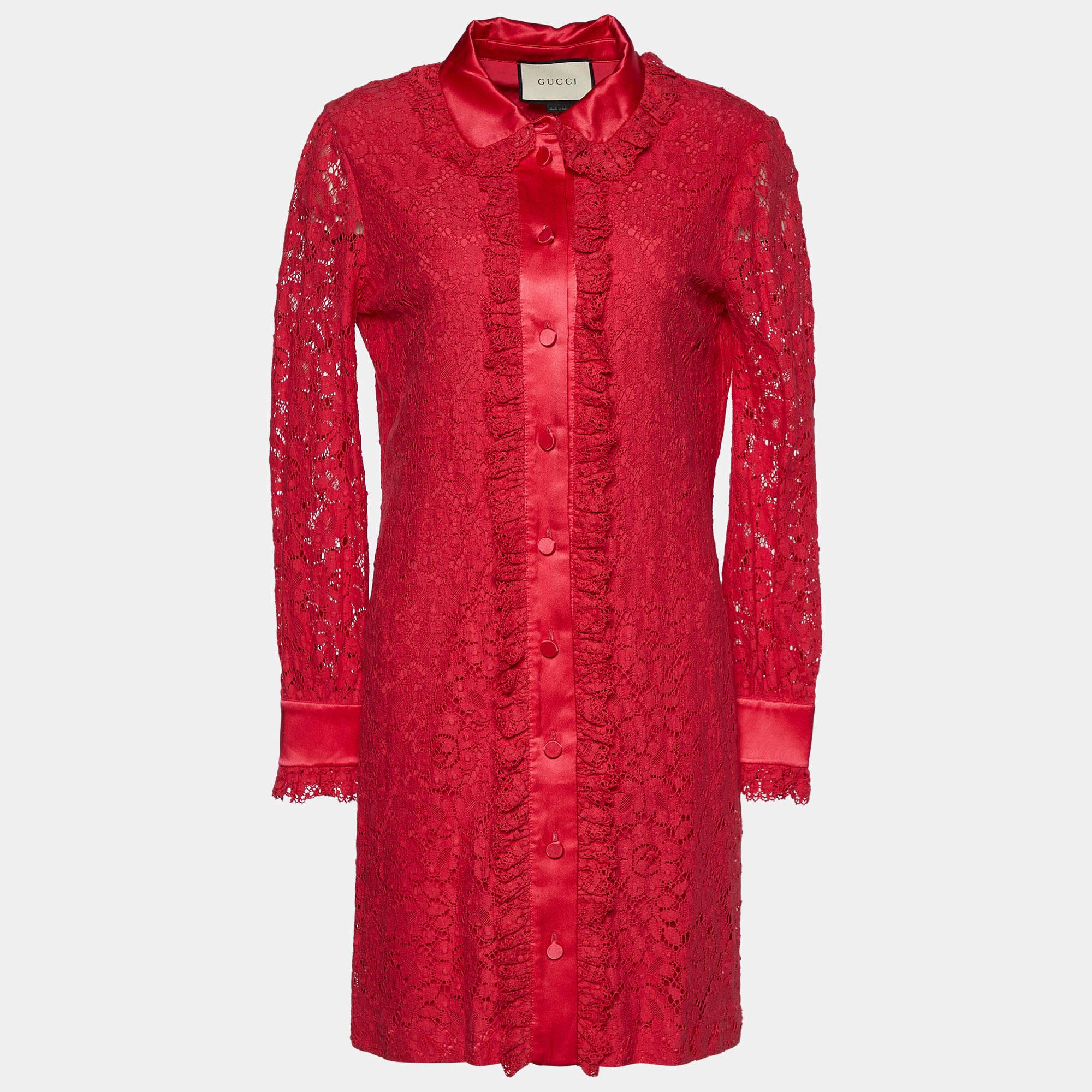 Pre Owned Gucci Pink Lace Ruffle Detail Button Front Dress M