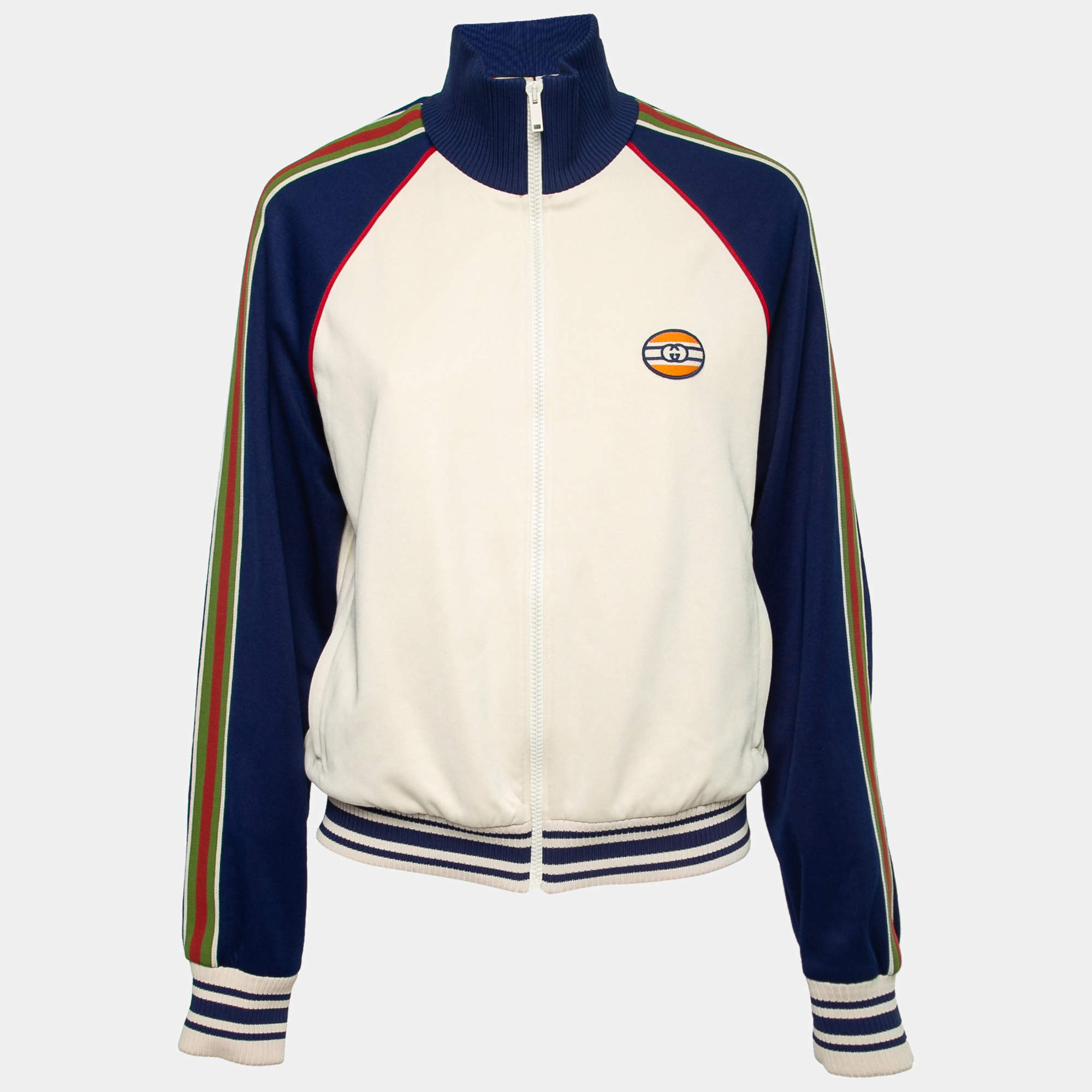 Pre Owned Gucci Cream Knit Web Stripe Trimmed Zip Front Jacket XS
