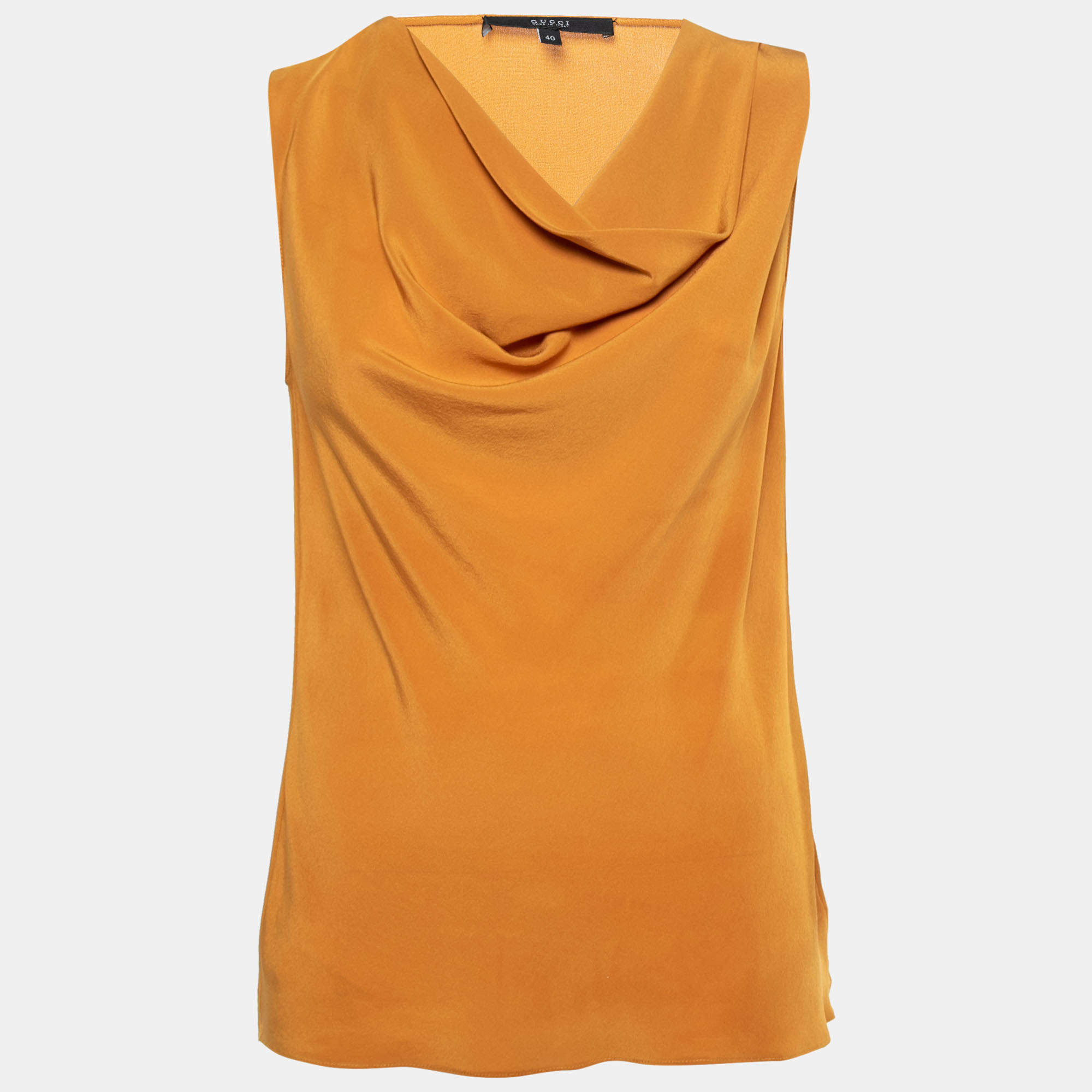 Pre Owned Gucci Mustard Yellow Silk Crepe Sleeveless Draped Neck Top S