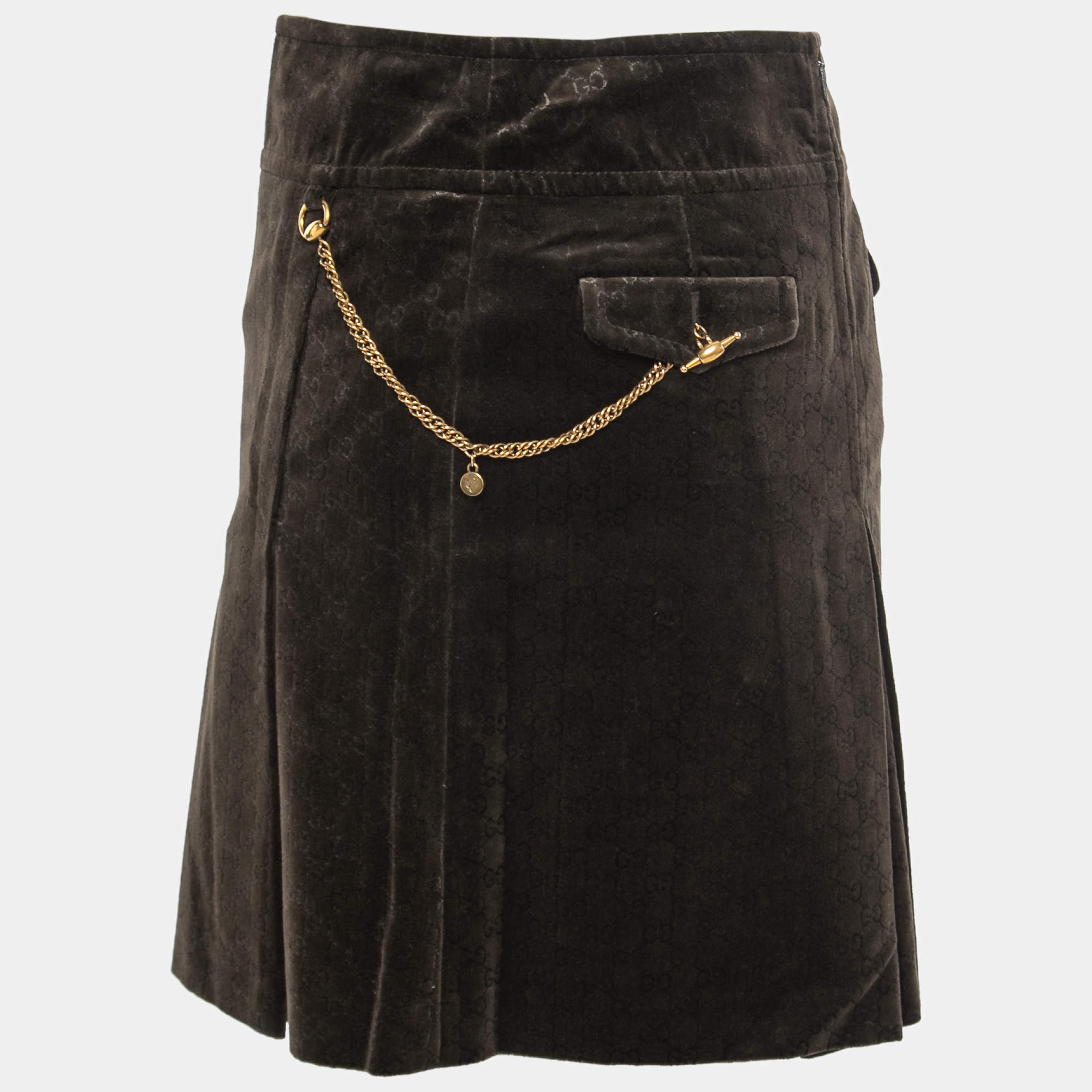 Pre Owned Gucci Dark Brown GG Monogram Velvet Mini Skirt S
