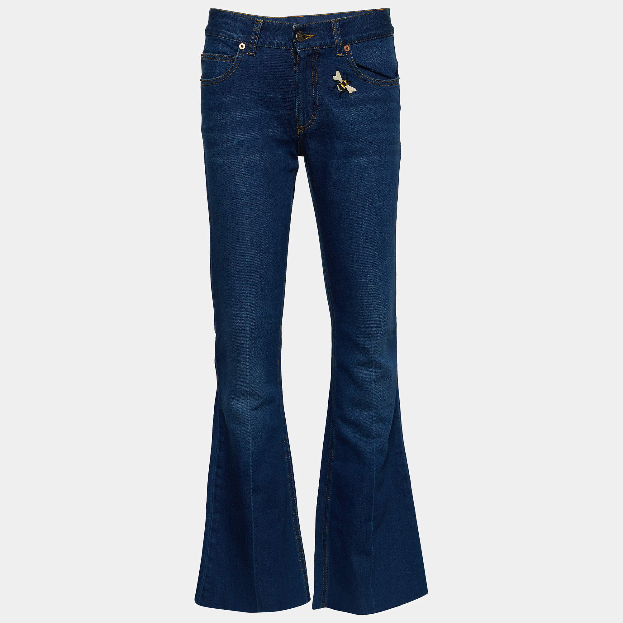 Pre Owned Gucci Blue Bee Butterfly Patched Denim Flared Leg Jeans S Waist 30.5"