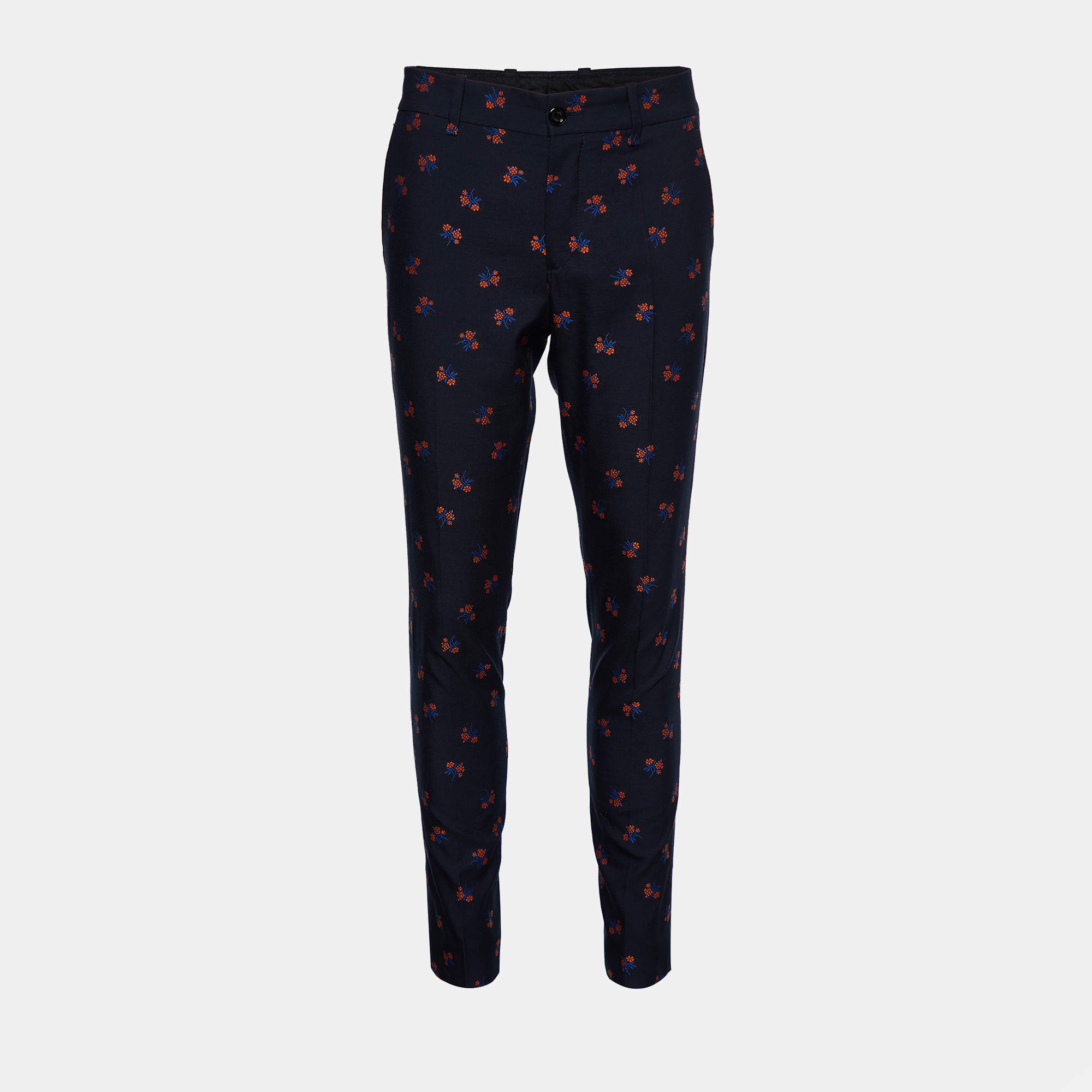 Gucci Navy Blue Floral Jacquard Tapered Leg Pants S