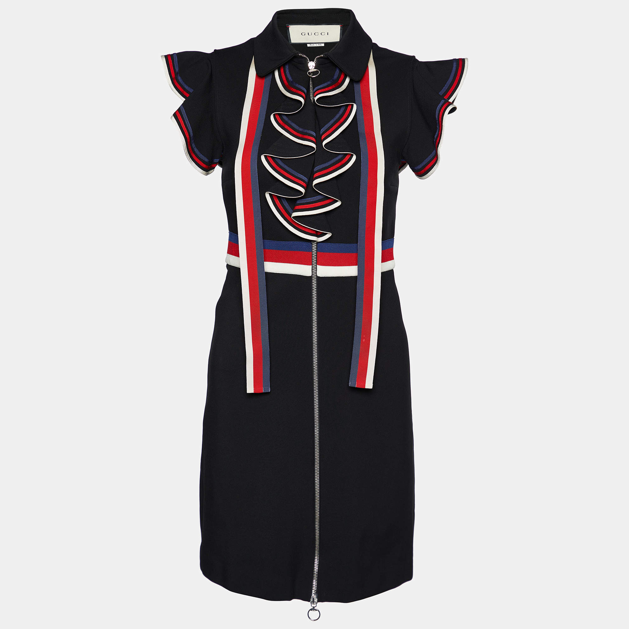 Pre Owned Gucci Black Jersey Web Stripe Ruffle Detail Mini Dress S