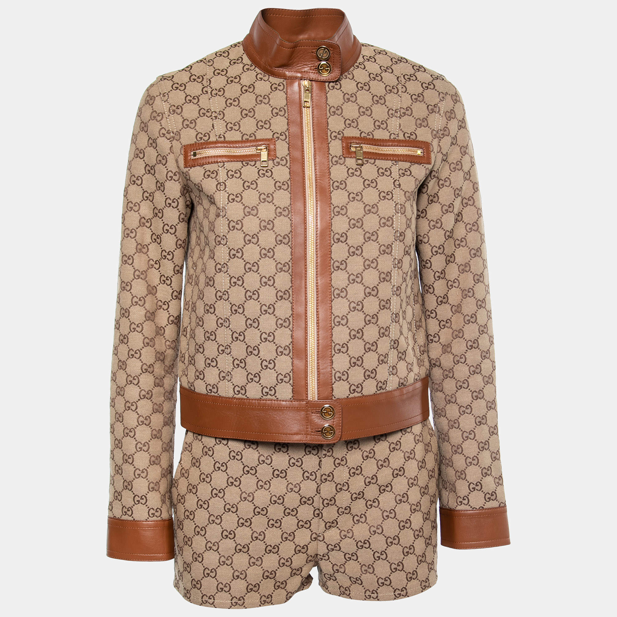 Gucci Brown GG Canvas Leather Trim Jacket & Shorts Set S  