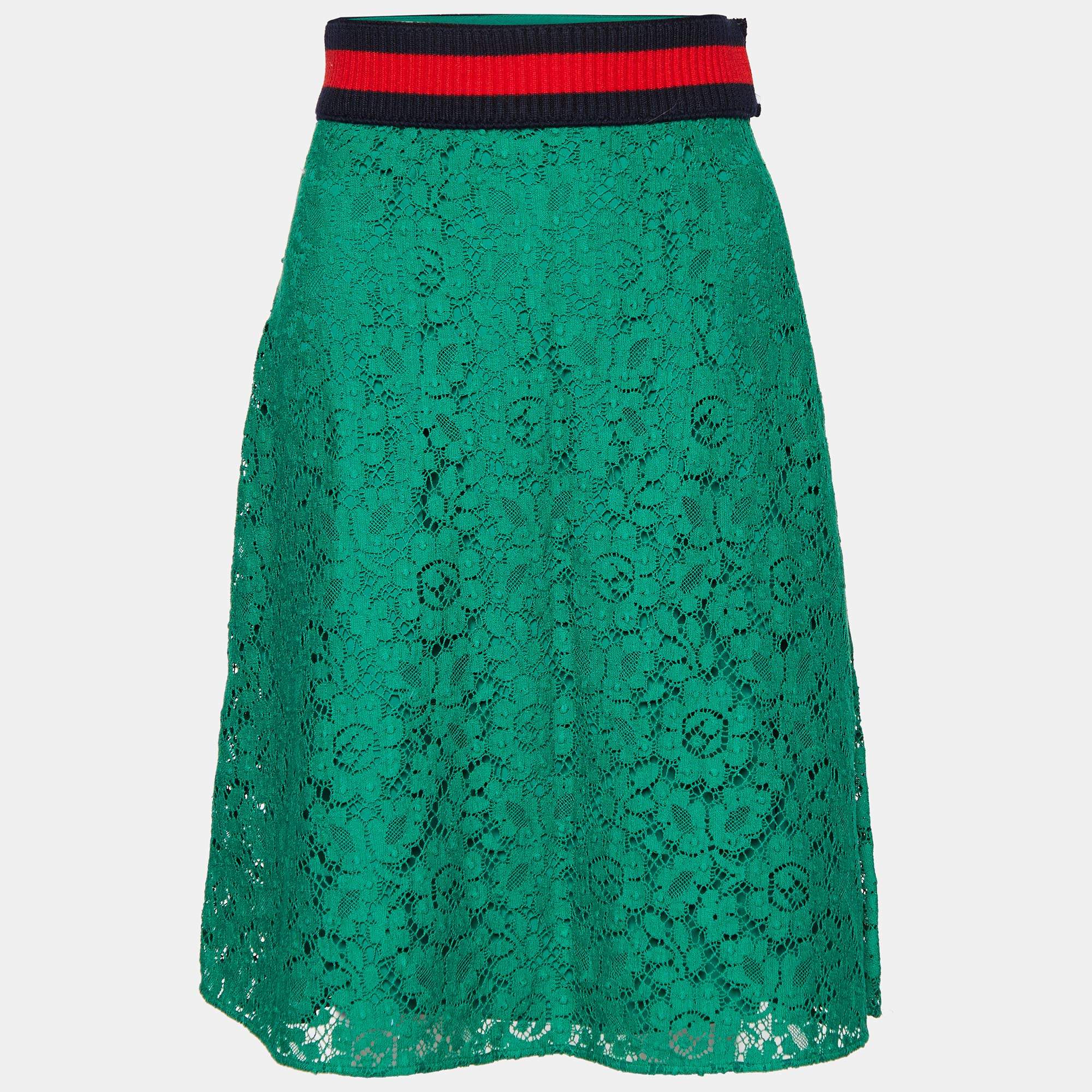 Pre Owned Gucci Green Lace Ribbed Web Stripe Lace Skirt M