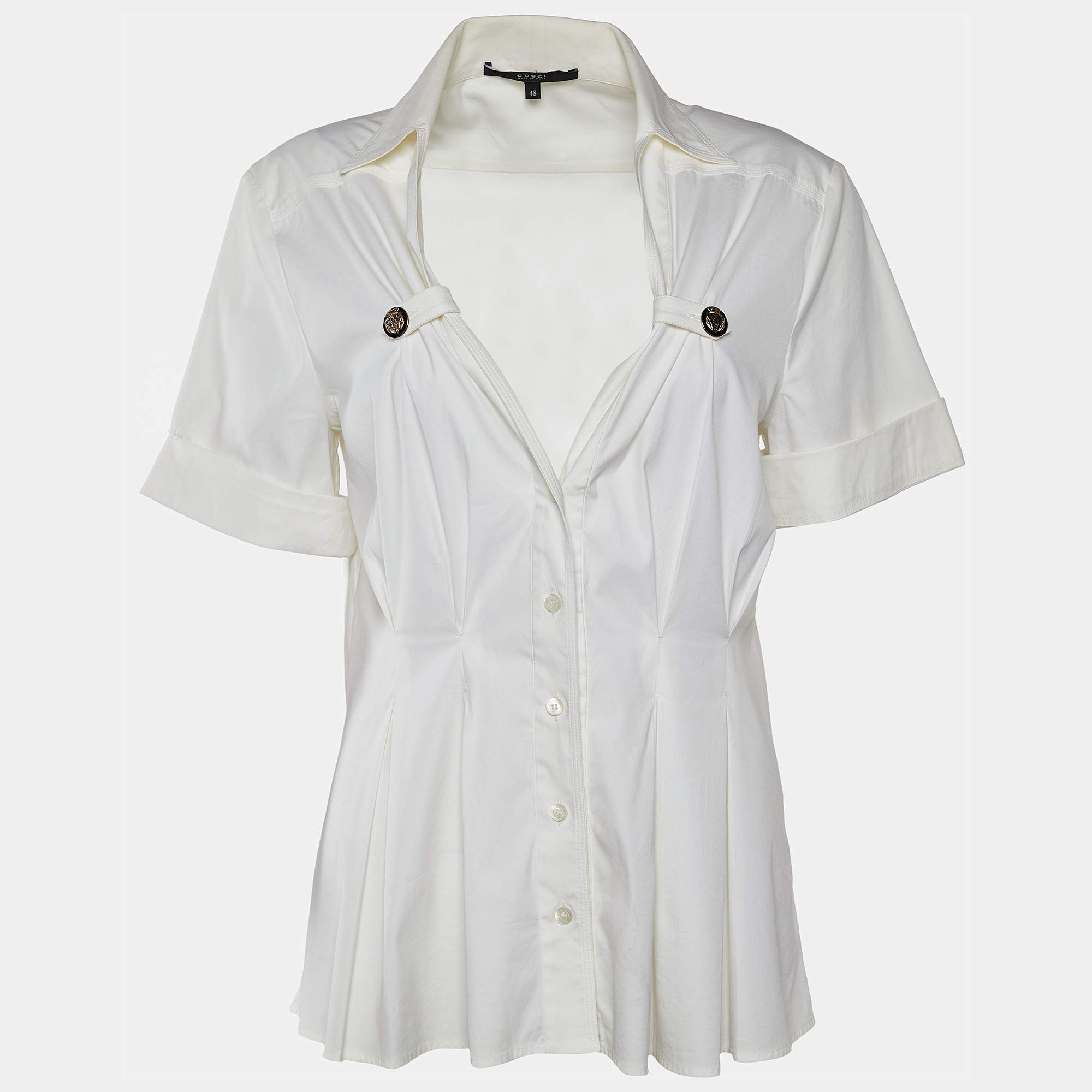 Pre Owned Gucci White Stretch Cotton Pleated Detail Shirt S