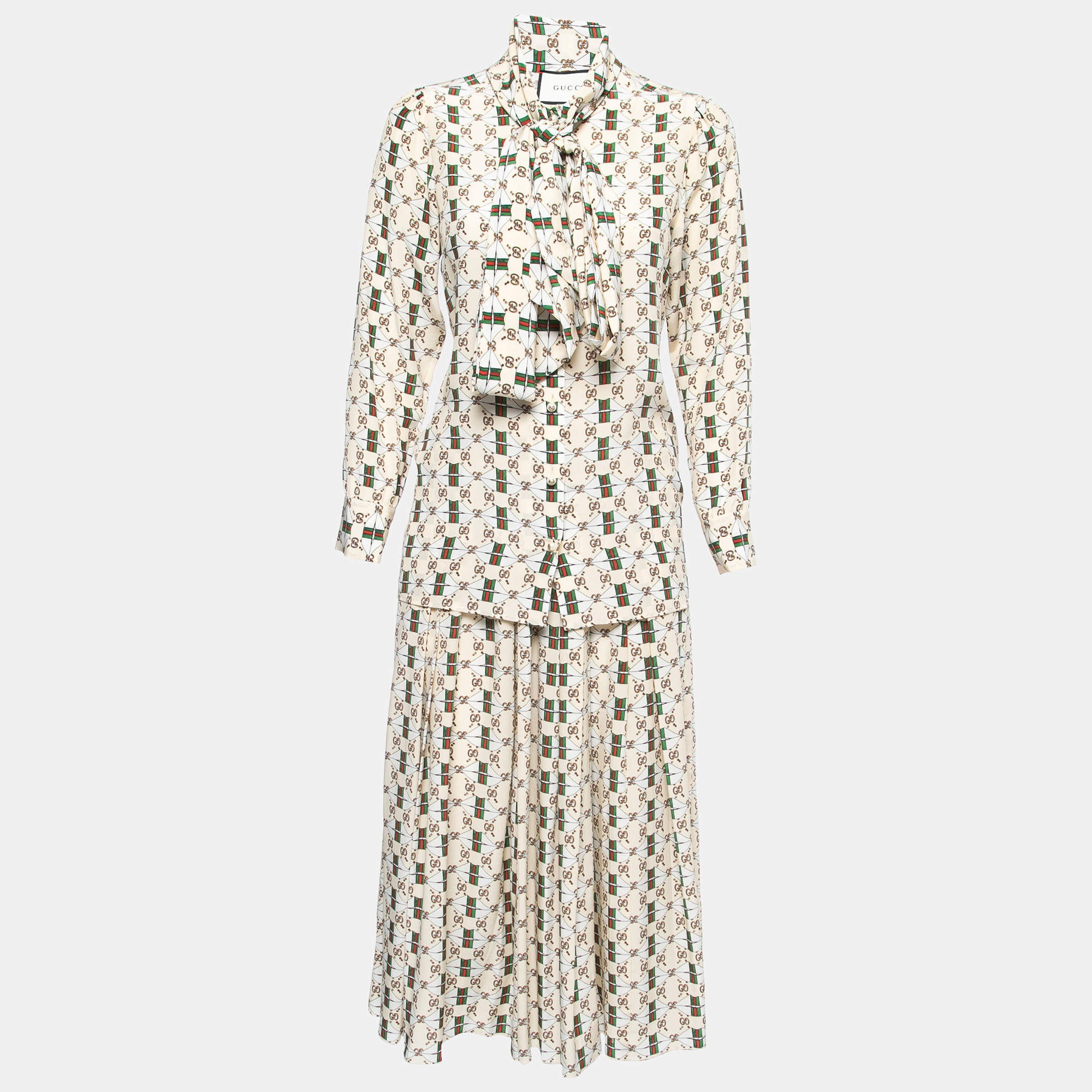 Gucci Beige Web Kisses Print Silk Blouse & Skirt Set S