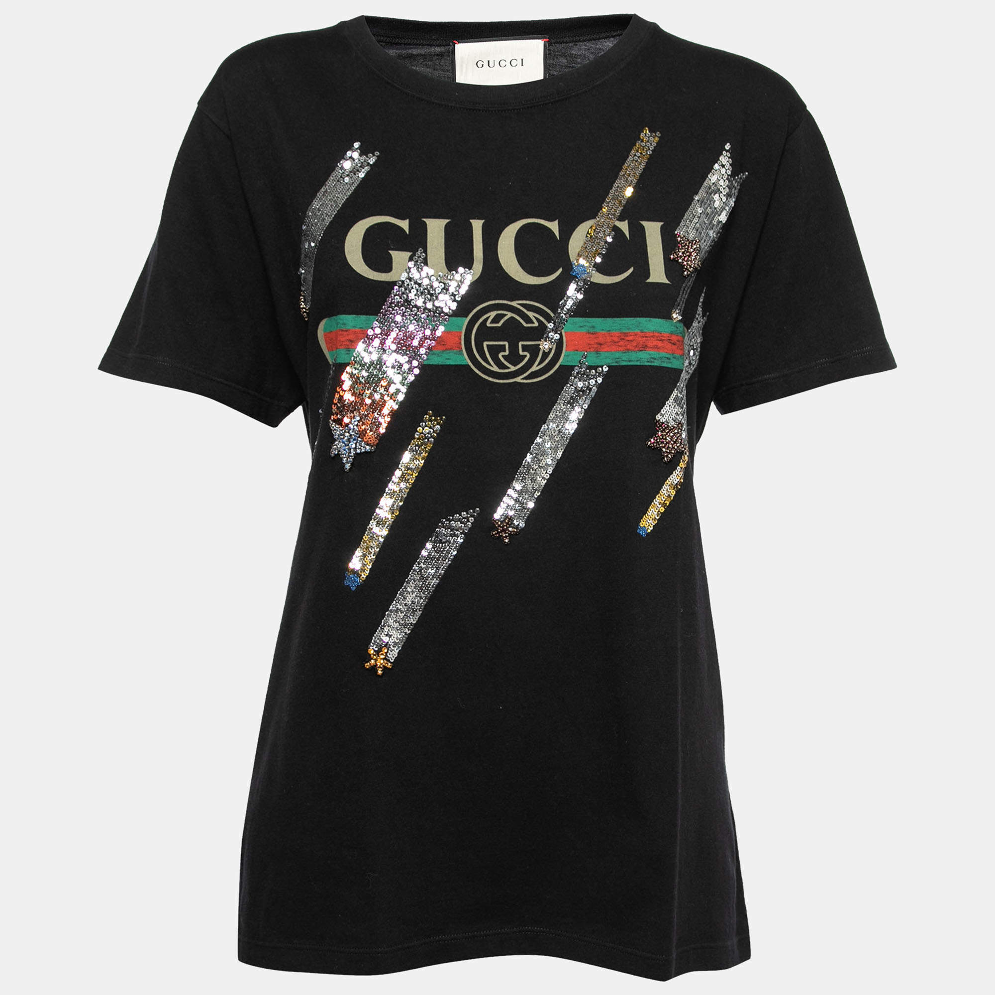 Pre Owned Gucci Black Cotton Sequin-Embellished Logo T-Shirt S