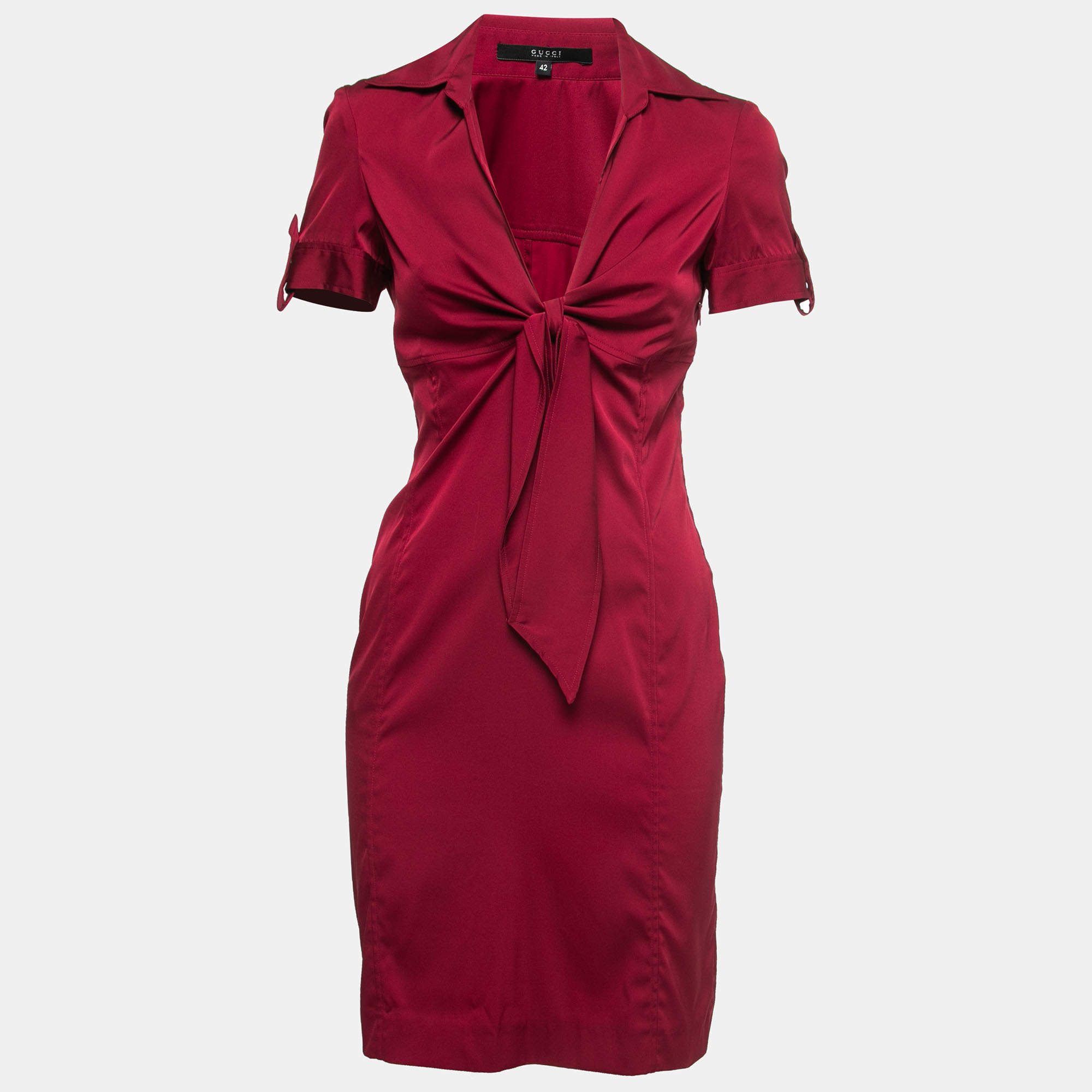 Pre Owned Gucci Red Stretch-Silk Short Sleeve V-Neck Dress M