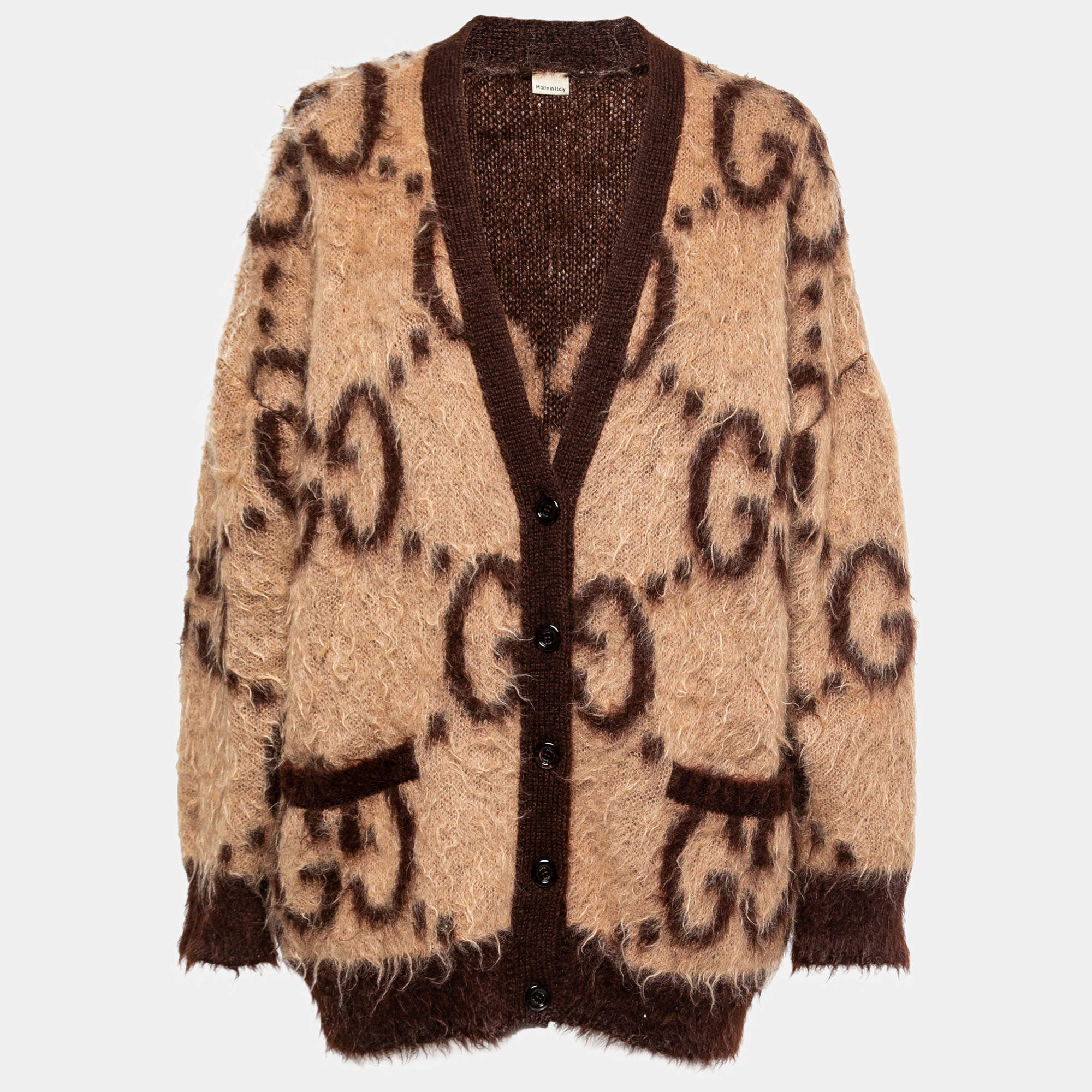 Pre Owned Gucci Beige & Brown Mohair Reversible Oversized Cardigan L