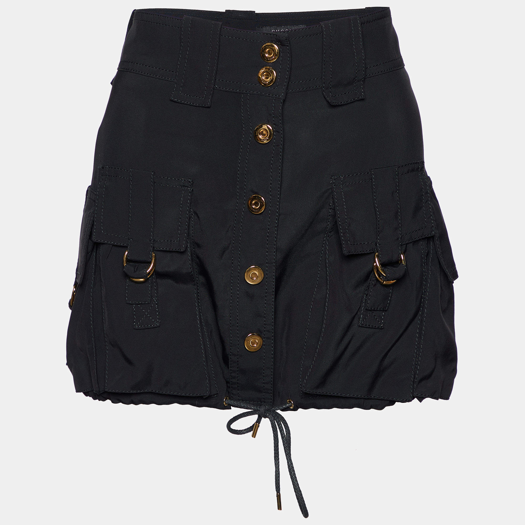 Pre Owned Gucci Black Crepe Drawstring Hen Detail Mini Skirt M