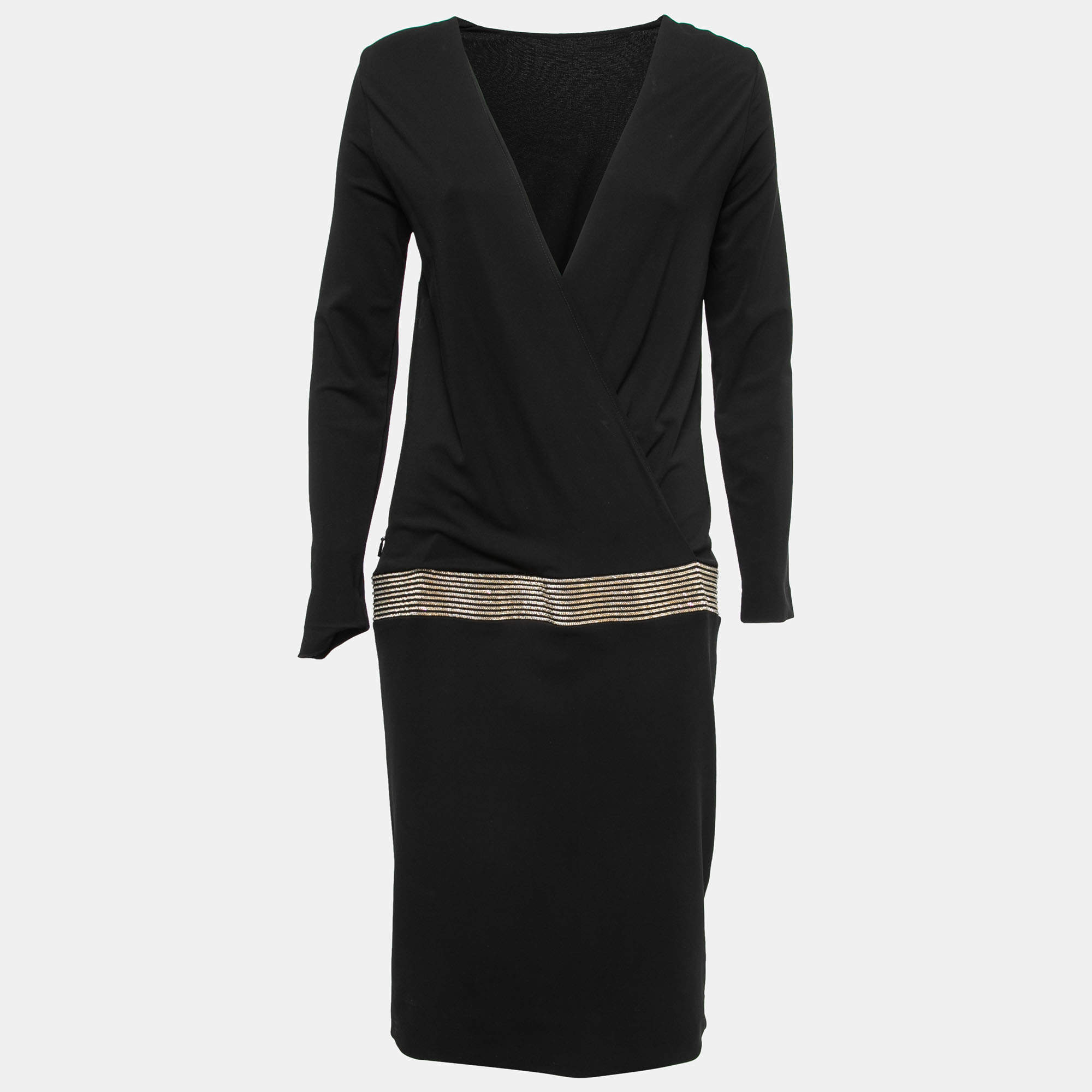 Pre Owned Gucci Black Jersey Chain Trim Detail Drop Waist Midi Dress M