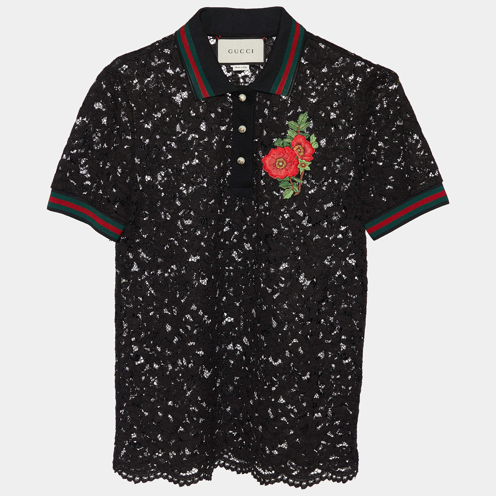Pre Owned Gucci Black Lace Floral Embroidered Polo T-Shirt S