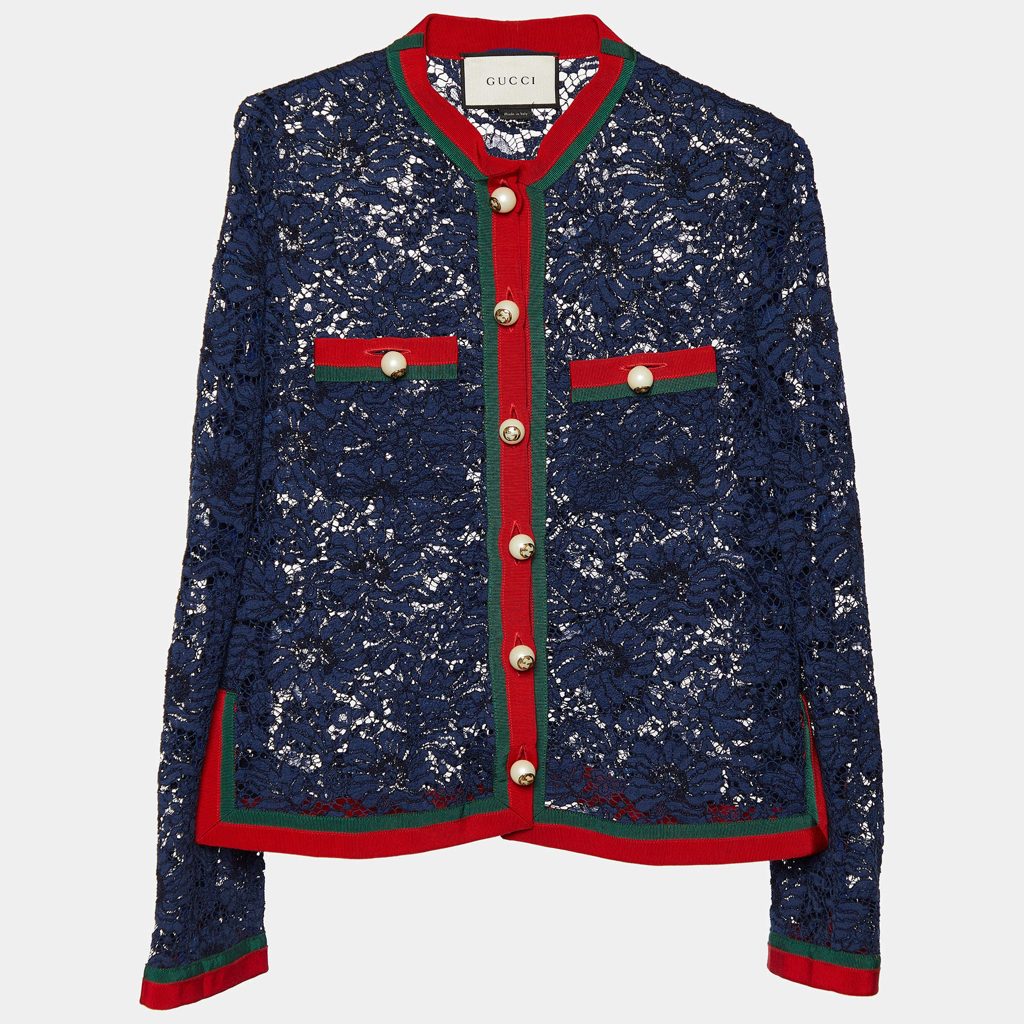 Pre Owned Gucci Navy Blue Lace Contrast Trim Button Front Sheer Jacket M