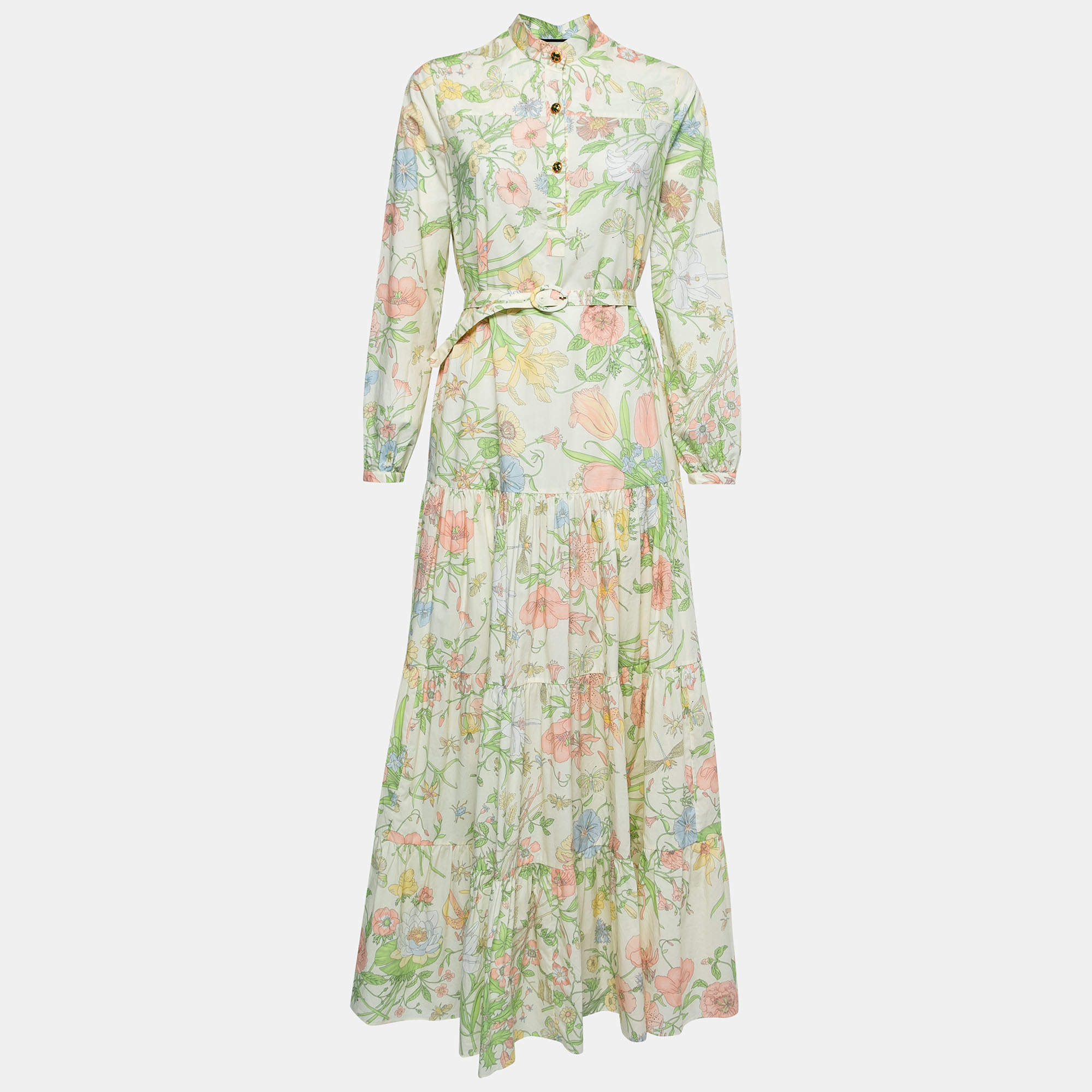 Pre Owned Gucci Cream Printed Cotton Belted Maxi Dress S