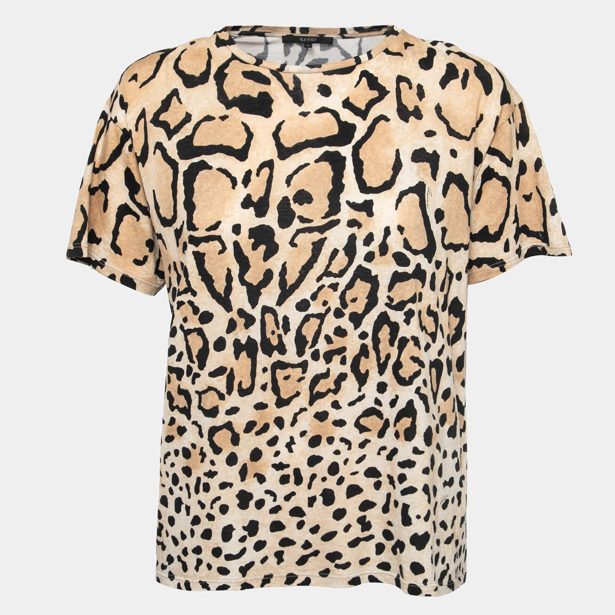 Pre Owned Gucci Beige Leopard Printed Cotton Short Sleeve T-Shirt S