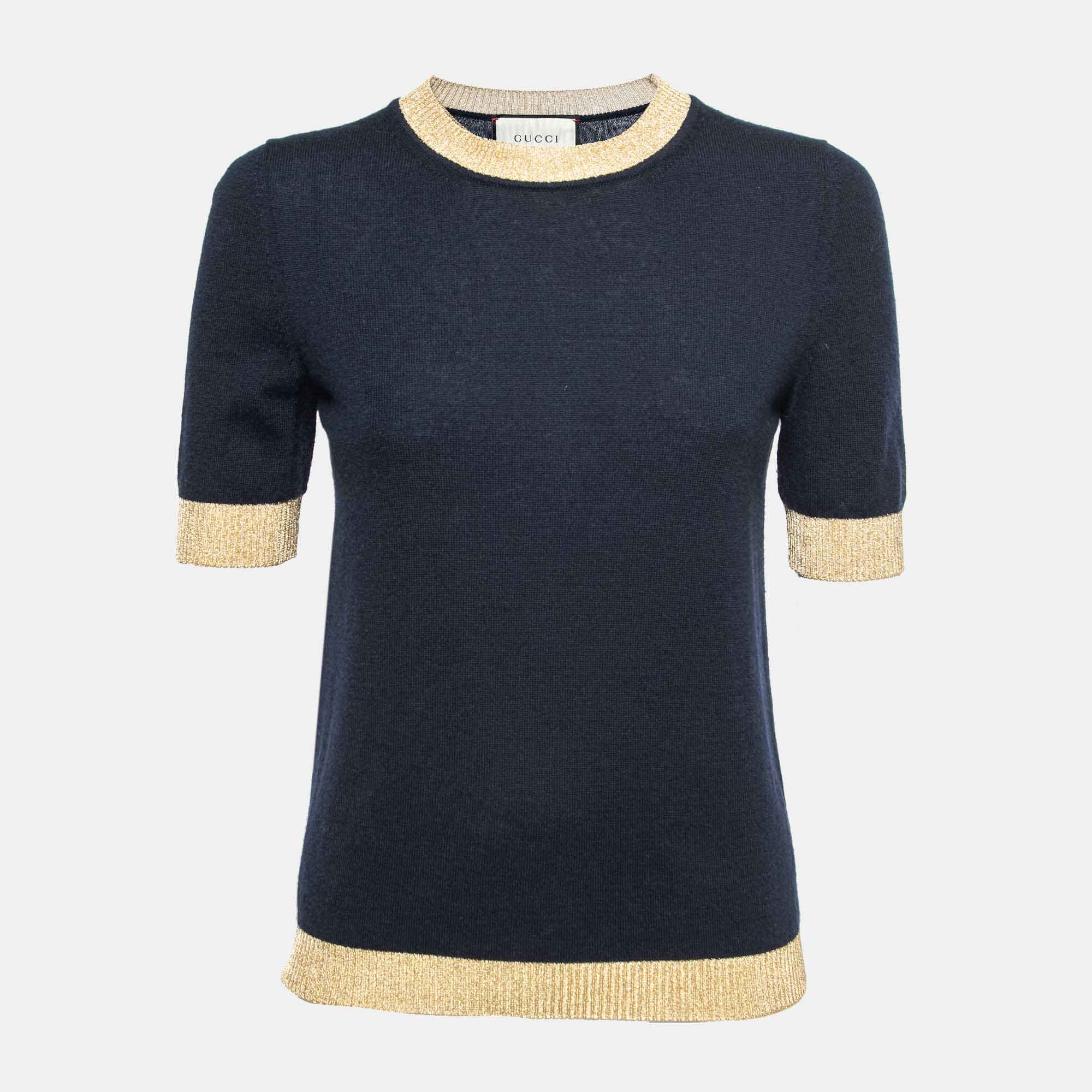 Pre Owned Gucci Navy Blue Cashmere Rib-Trim Detail Sweater Top M