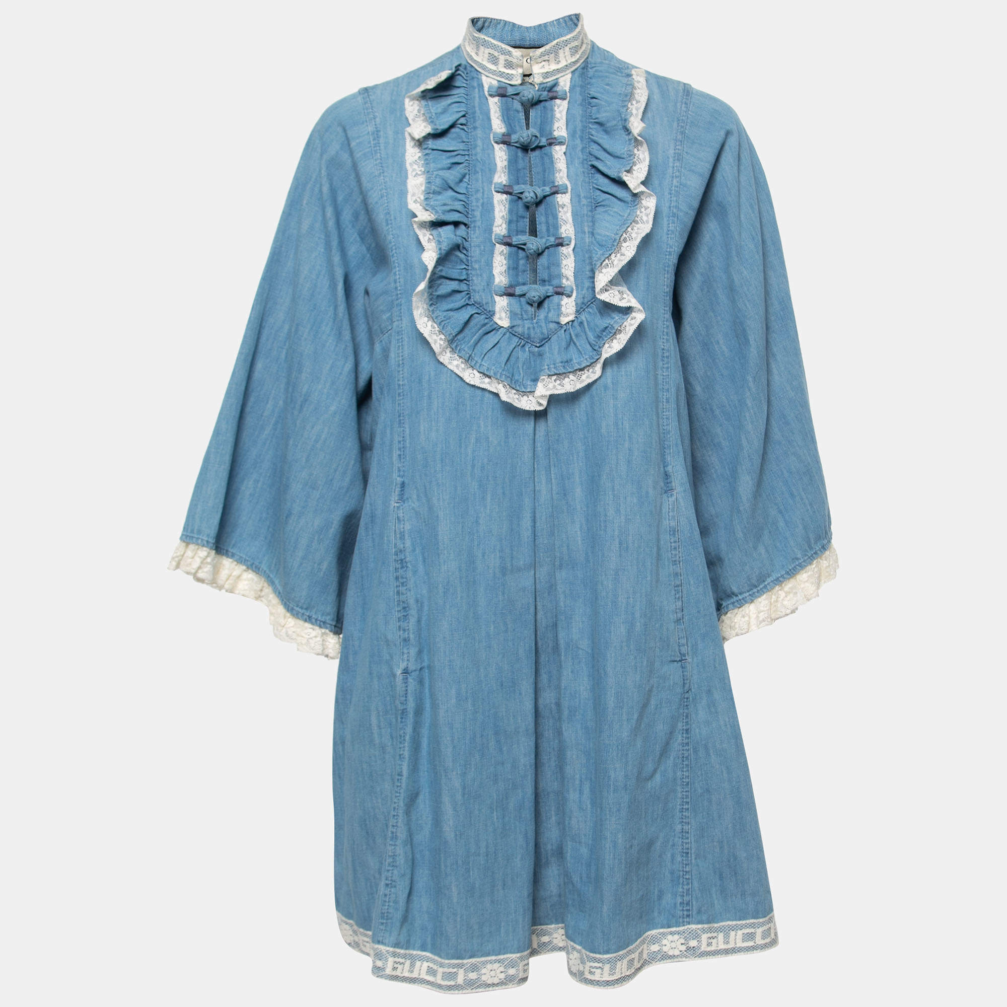 Gucci Blue Chambray Lace-Trimmed Tunic Dress S