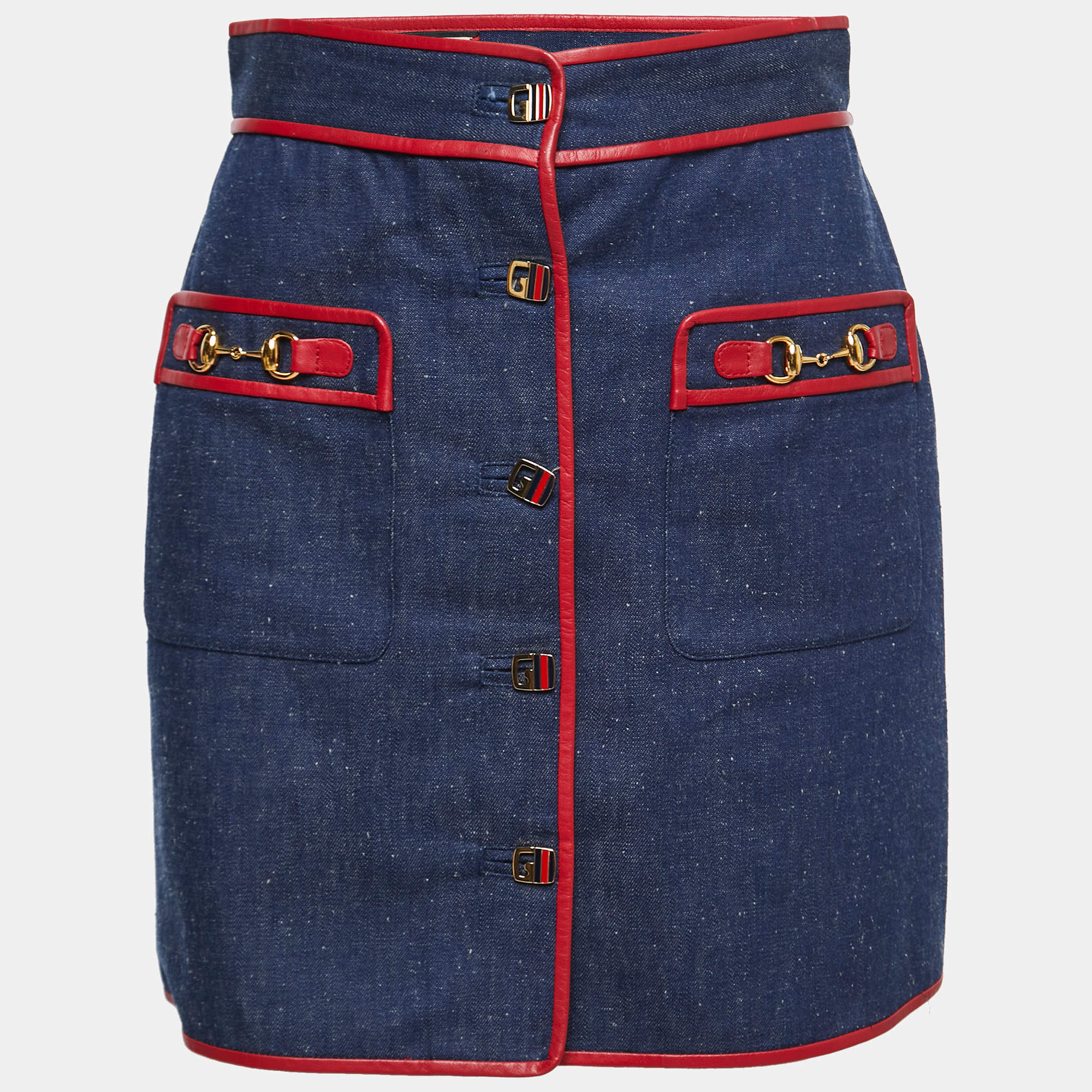 Pre Owned Gucci Blue Denim Leather Trim Mini Skirt S