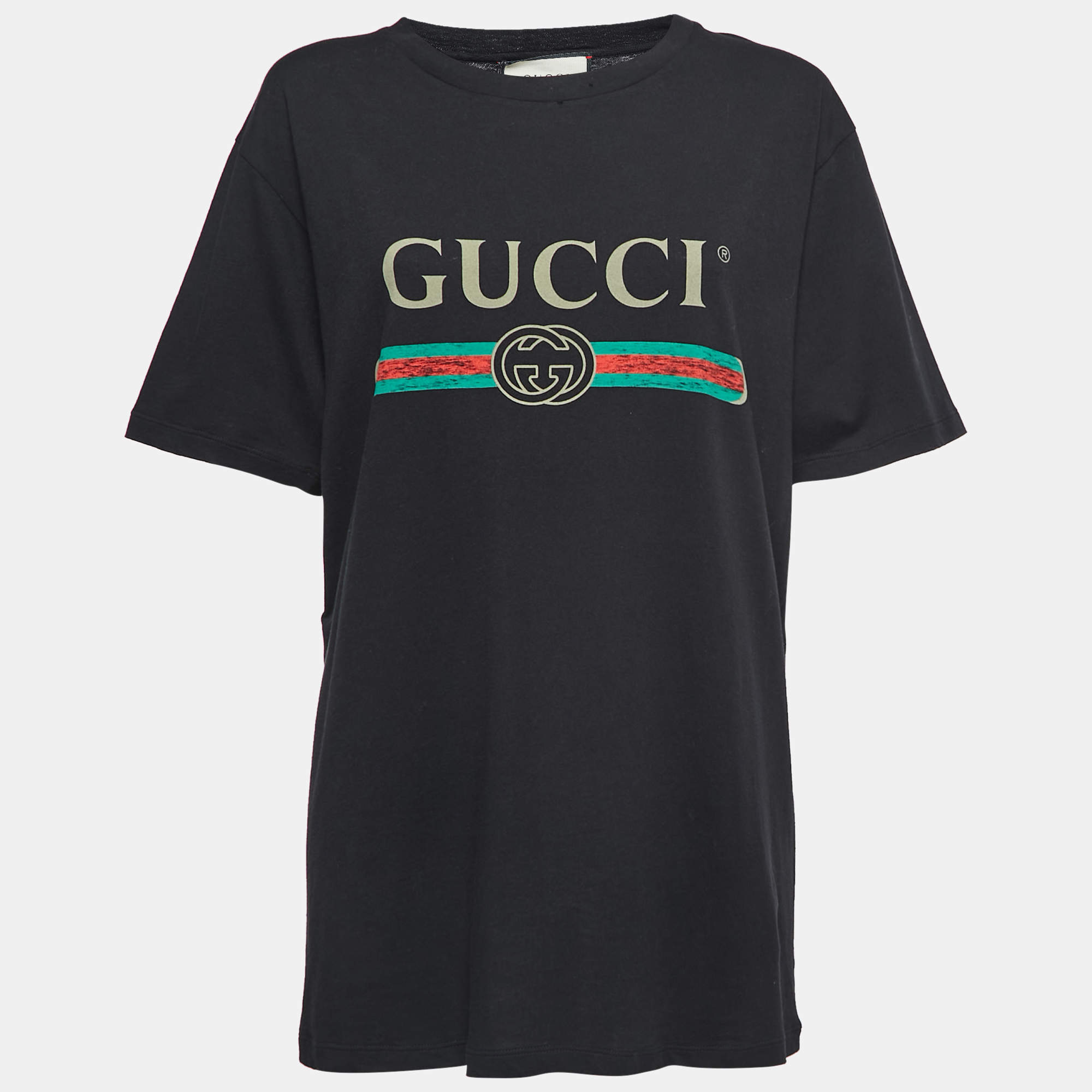 Gucci Black Distressed Cotton Logo T-Shirt M Gucci | TLC