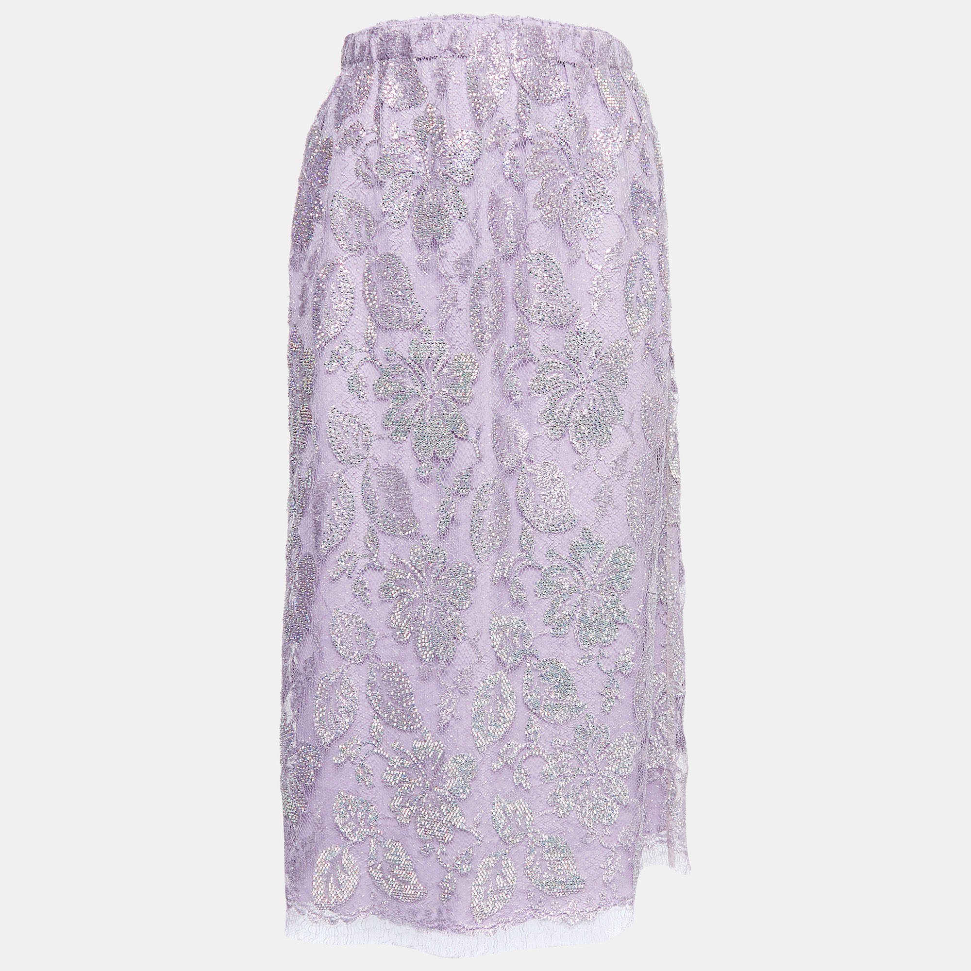 Pre Owned Gucci Lavender Floral Crystal Embellished Lace Maxi Skirt S