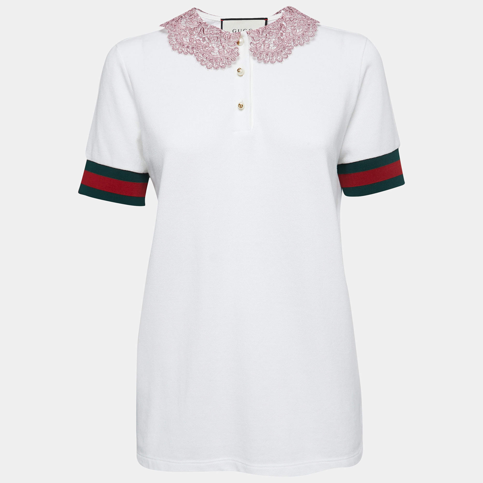 Pre Owned Gucci White Cotton Lace Collar Polo T-Shirt L