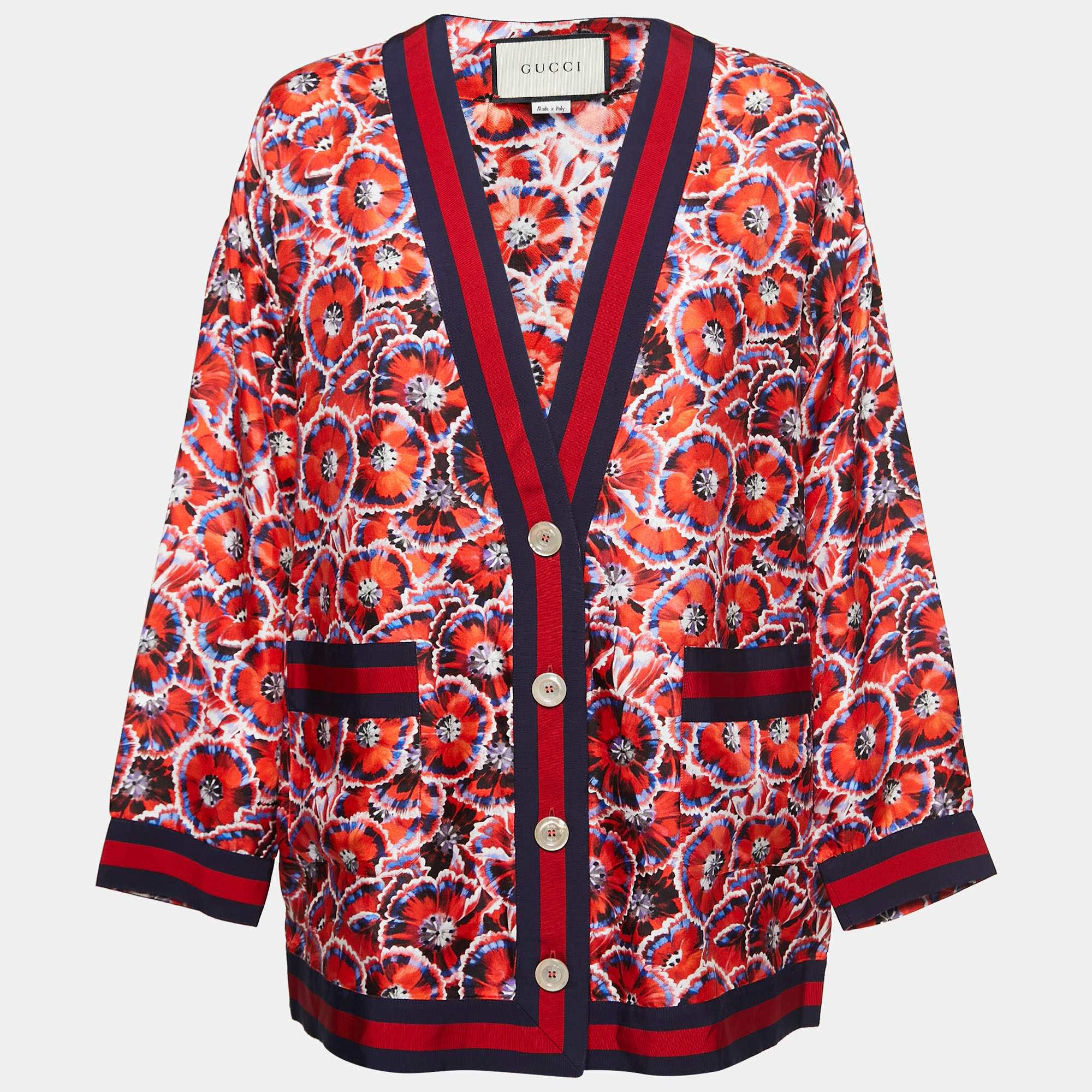 Pre Owned Gucci Red Poppy Print Silk Pajama Top S