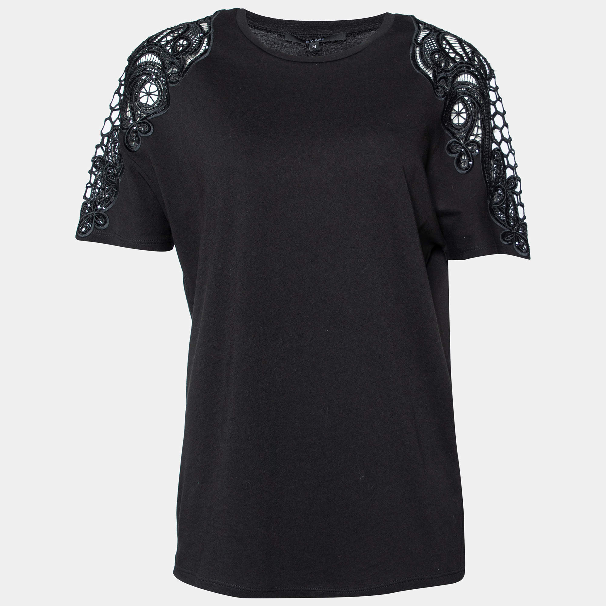 مملوكة مسبقًا Gucci Black Cotton Knit Embroidered Sleeve Detail T-Shirt M