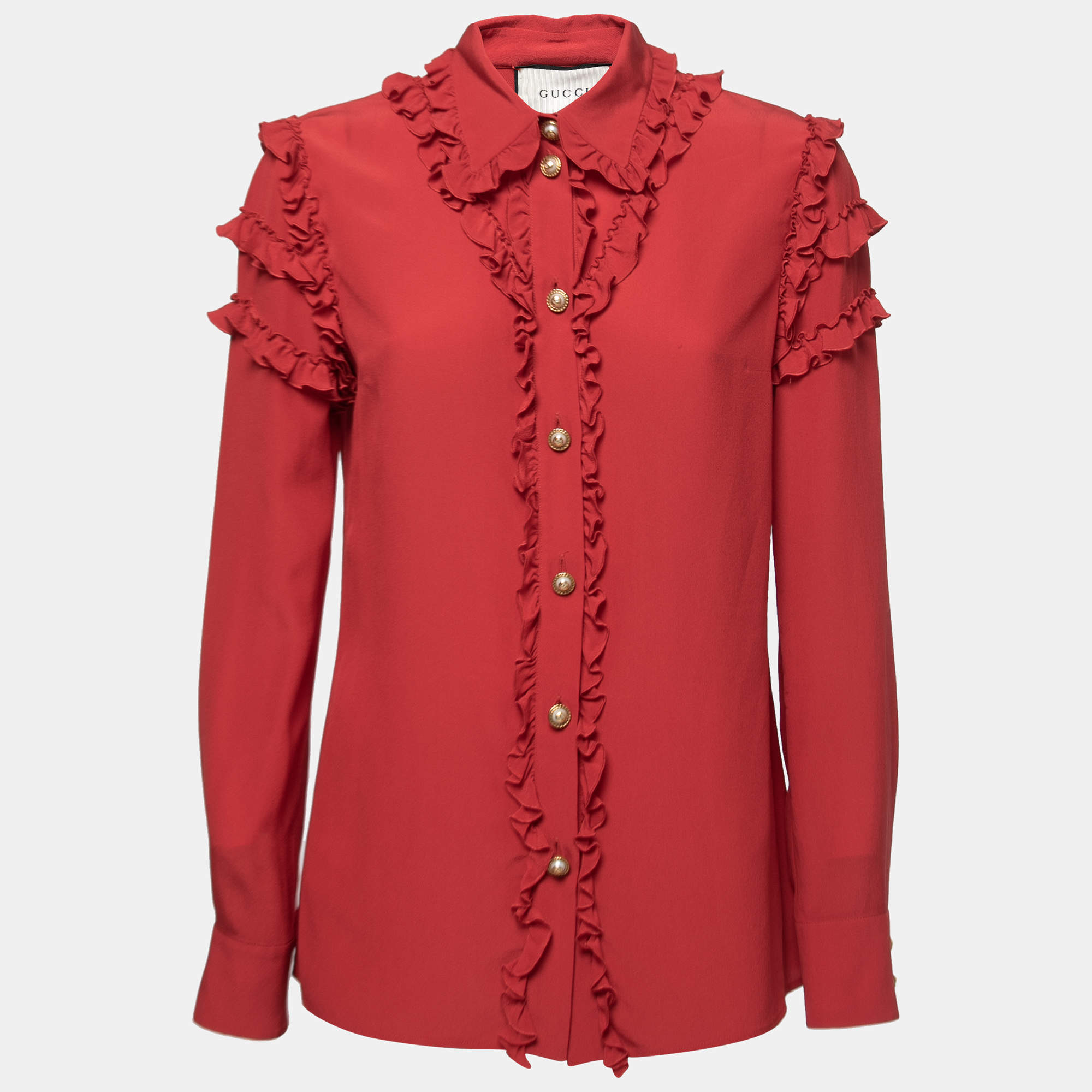 Pre Owned Gucci Red Silk Ruffled Long Sleeve Shirt M