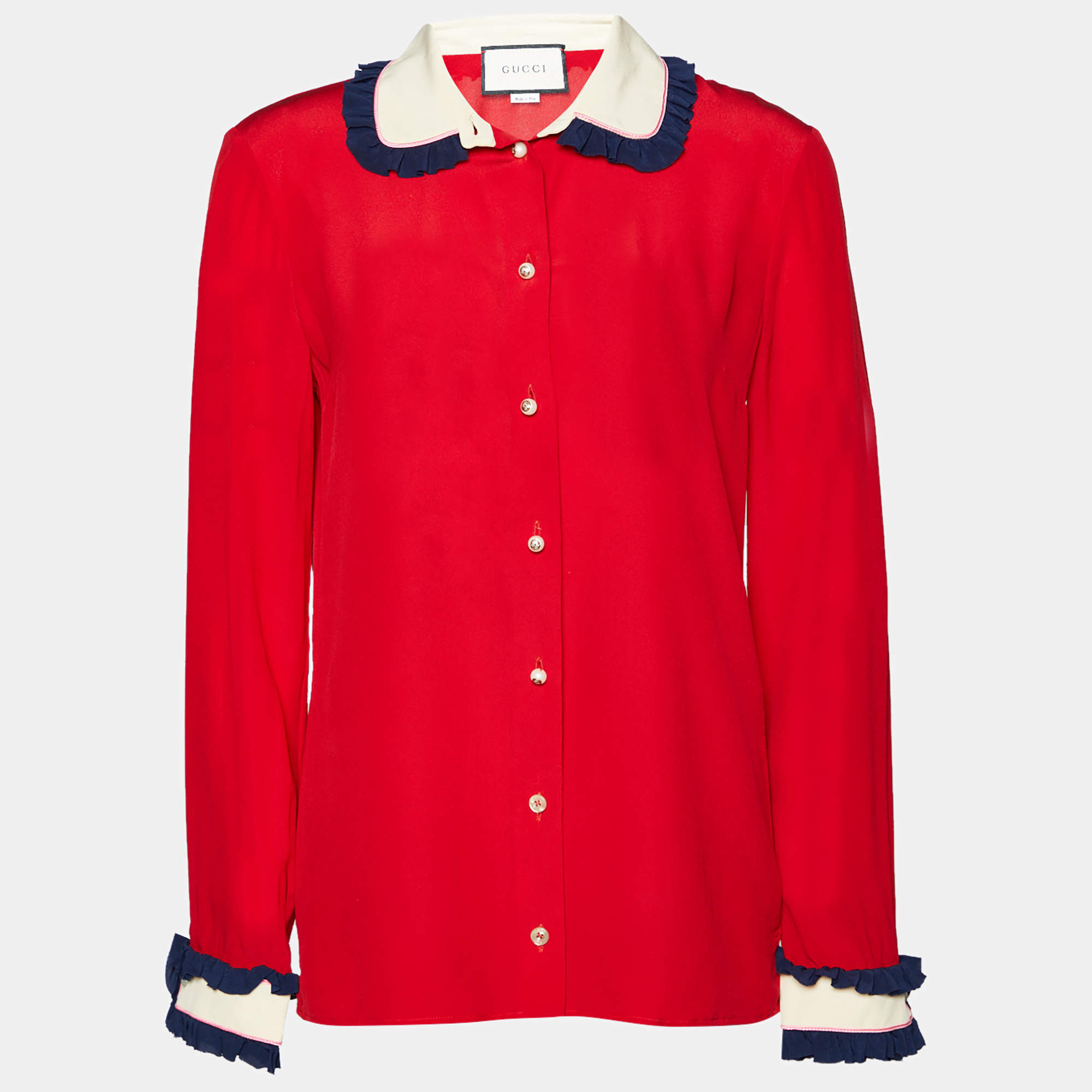 Pre Owned Gucci Red Silk Contrast Collar Detail Shirt S