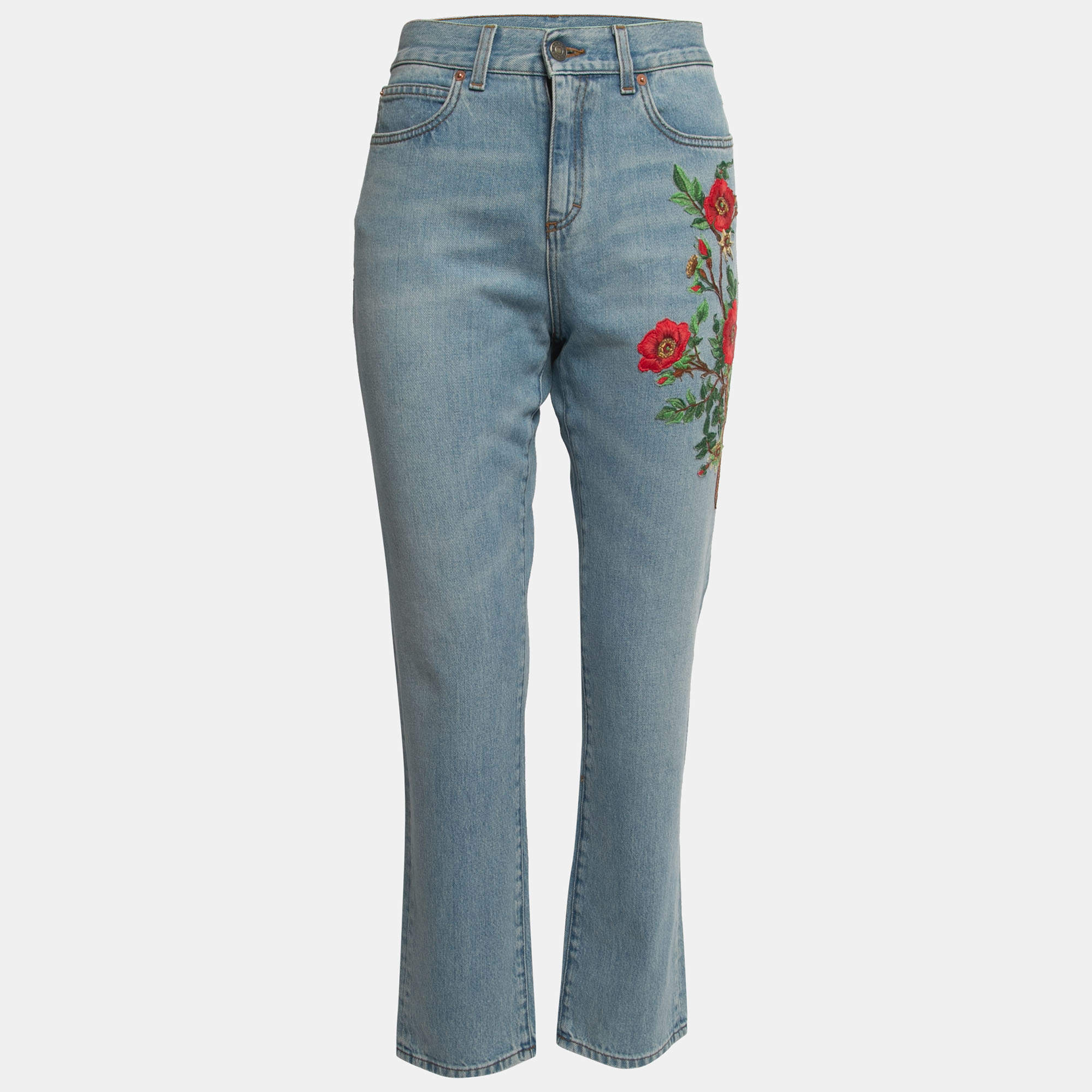 Gucci Blue Floral Embroidered Denim Boyfriend Fit Jeans M Waist 28"
