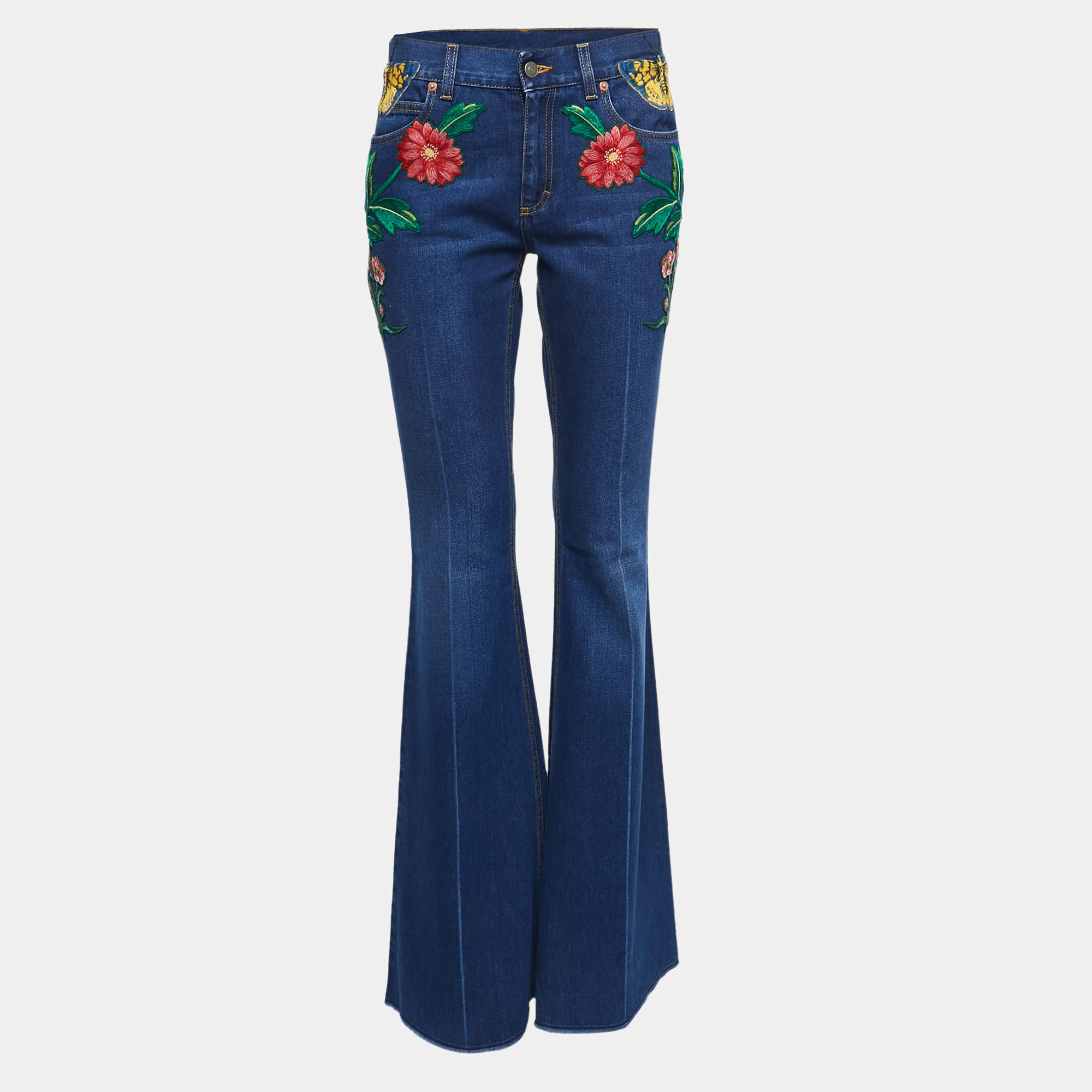 Gucci Blue Denim Floral and Butterfly Embroidered Flared Jean M