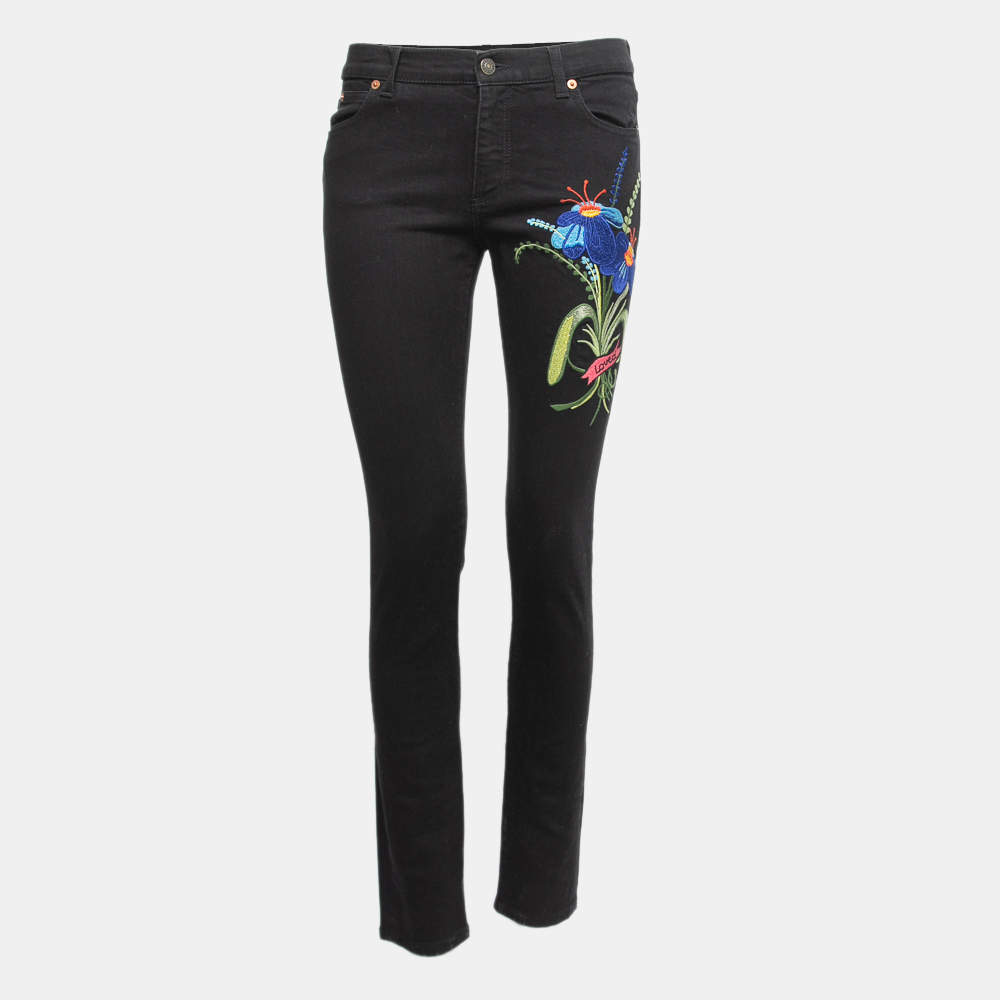 Pre Owned Gucci Unskilled Worker Black Denim Floral Embroidered Skinny Fit Jeans M Waist 29"