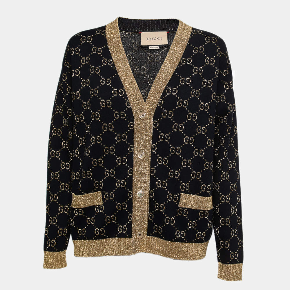 Pre Owned Gucci Navy Blue GG Motif Lurex Knit Cardigan XS