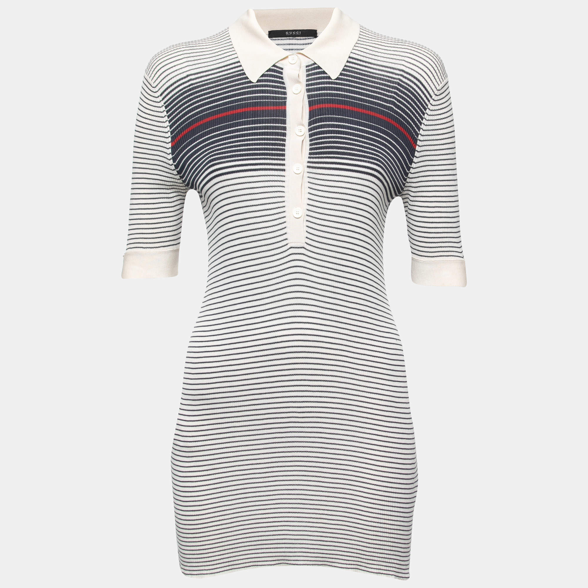 Gucci Cream & Navy Striped Knit Mini Polo Dress S
