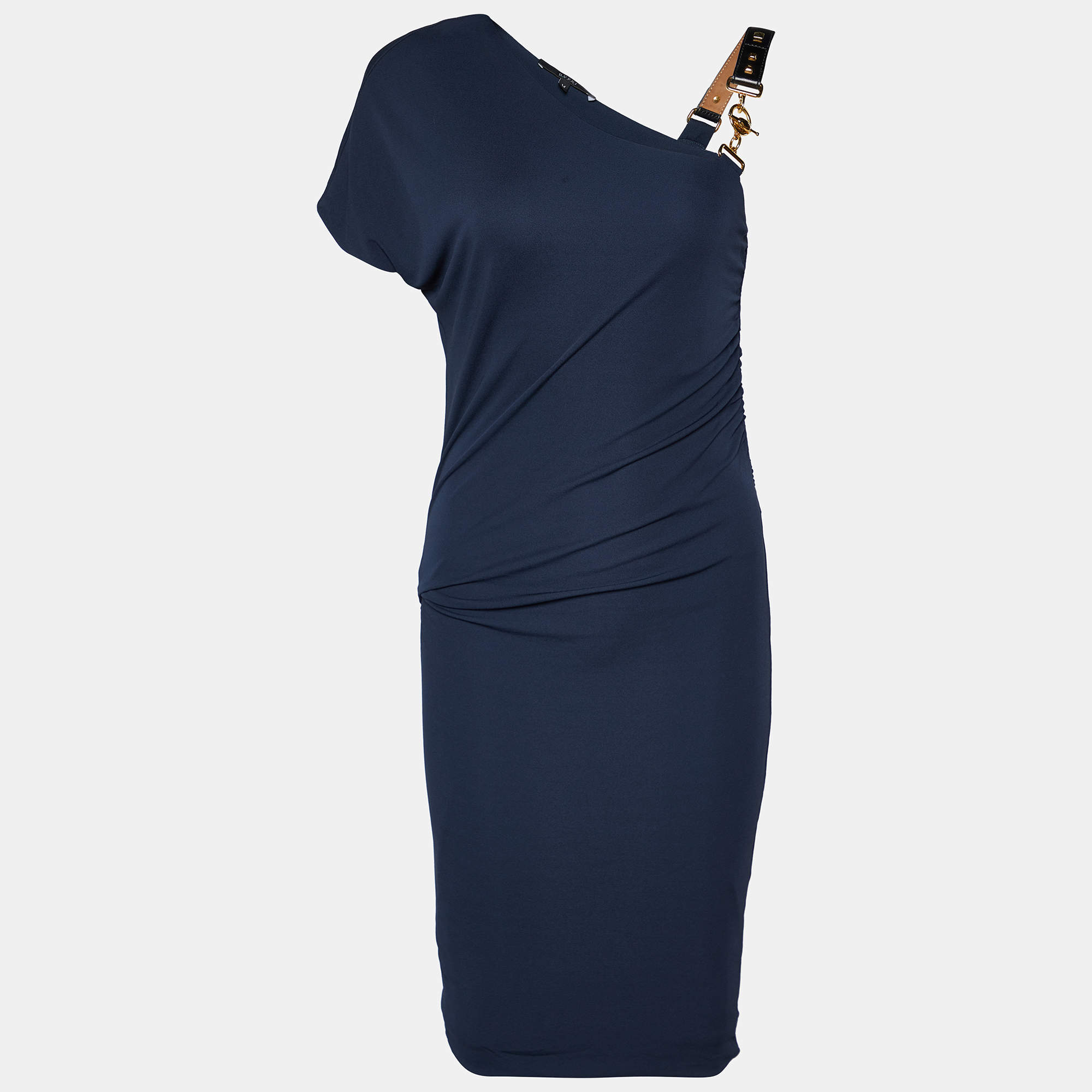 Pre Owned Gucci Navy Blue Jersey Leather Shoulder Detail Ruched Mini Dress M