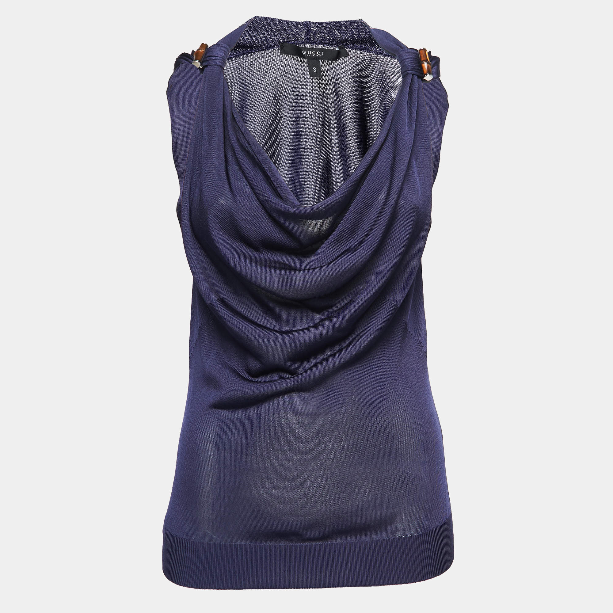 Gucci Navy Blue Knit Sleeveless Cowl Neck Top S