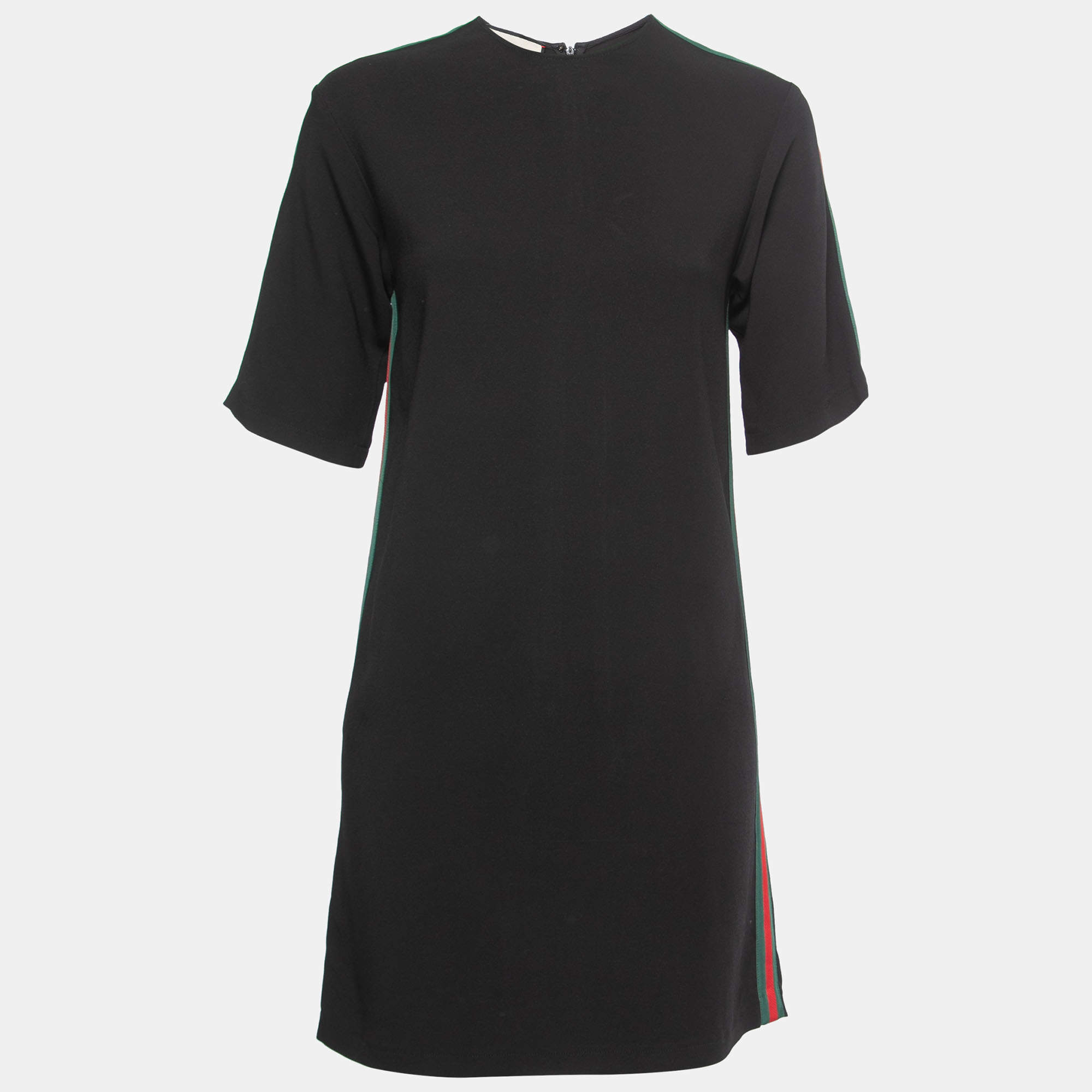 Pre Owned Gucci Black Crepe Web Stripe Trim Detail Dress XS