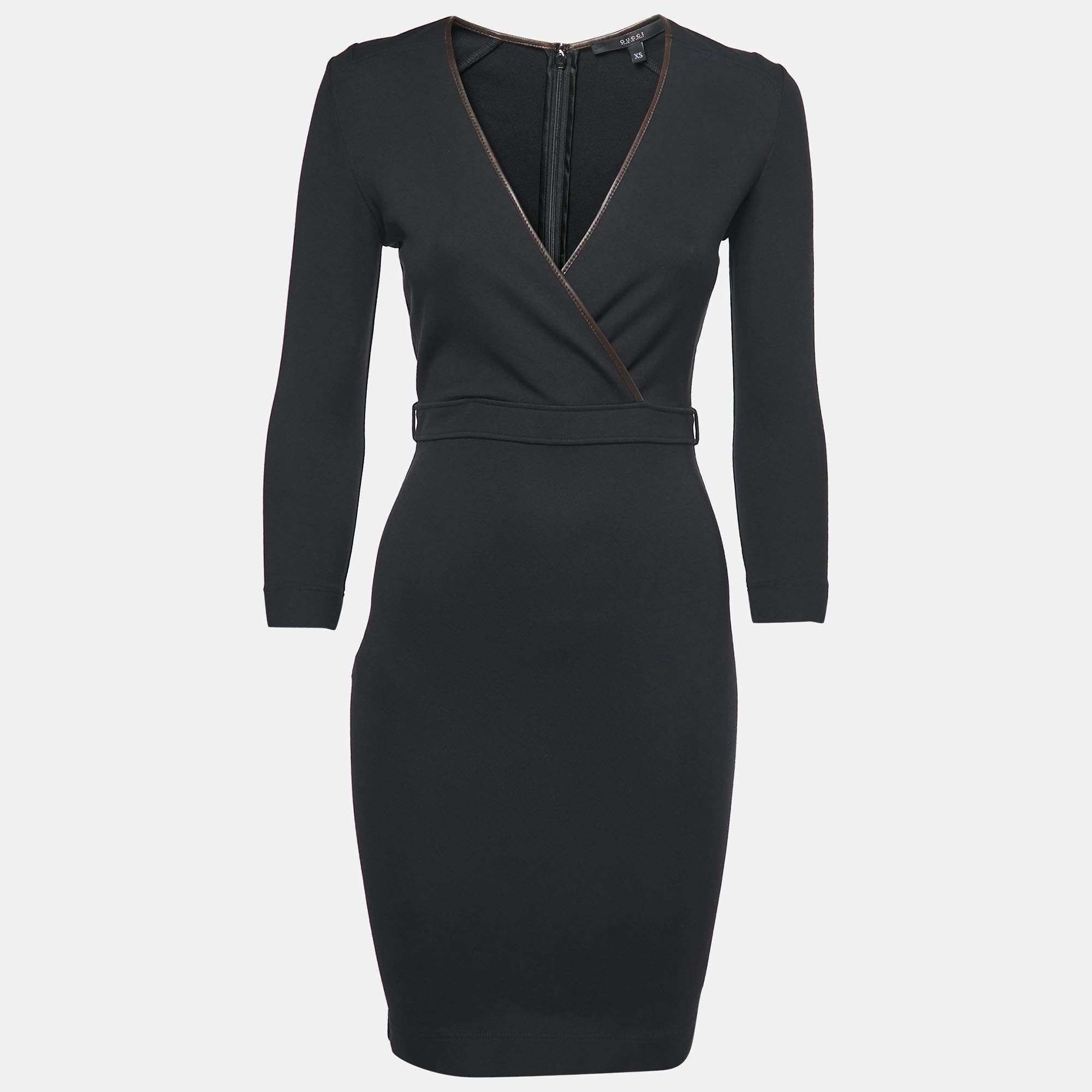 Pre Owned Gucci Black Stretch Knit Leather Trimmed Short Sheath Dress XS