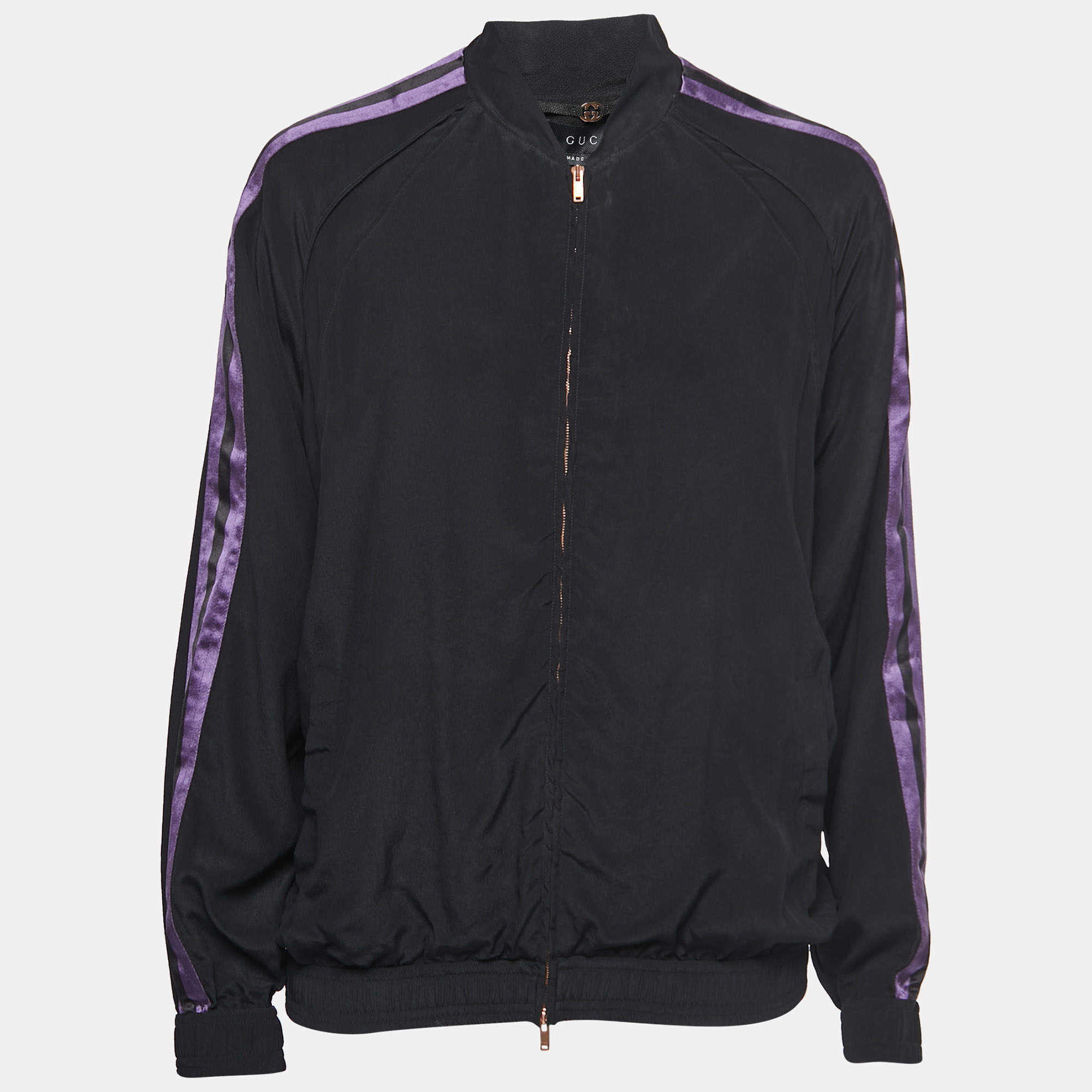 Pre Owned Gucci Black/Purple Stripe Detailed Silk Zip Front Jacket S