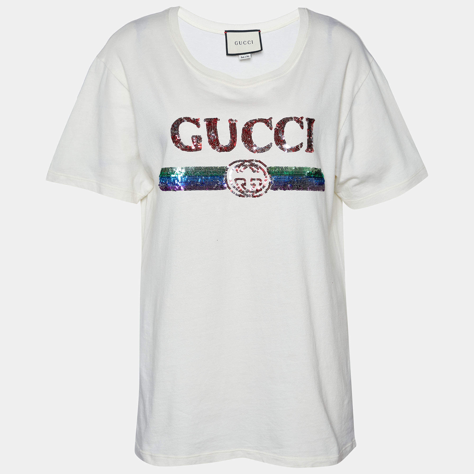 Gucci Cream Sequin Embellished Cotton Knit T-Shirt S