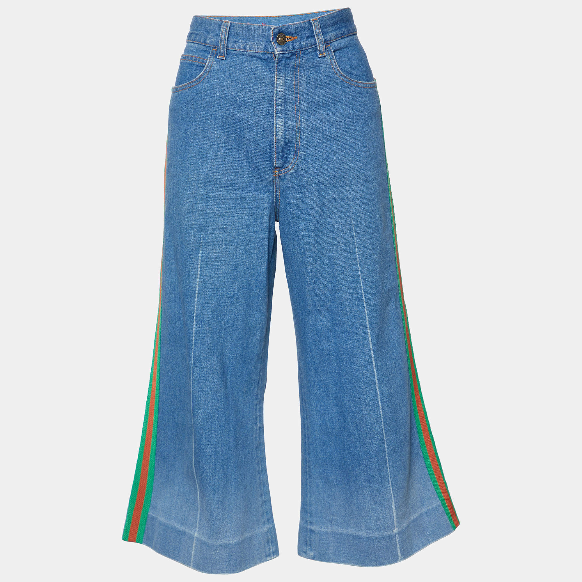 Gucci Blue Denim Logo Stripe Detail Culottes M