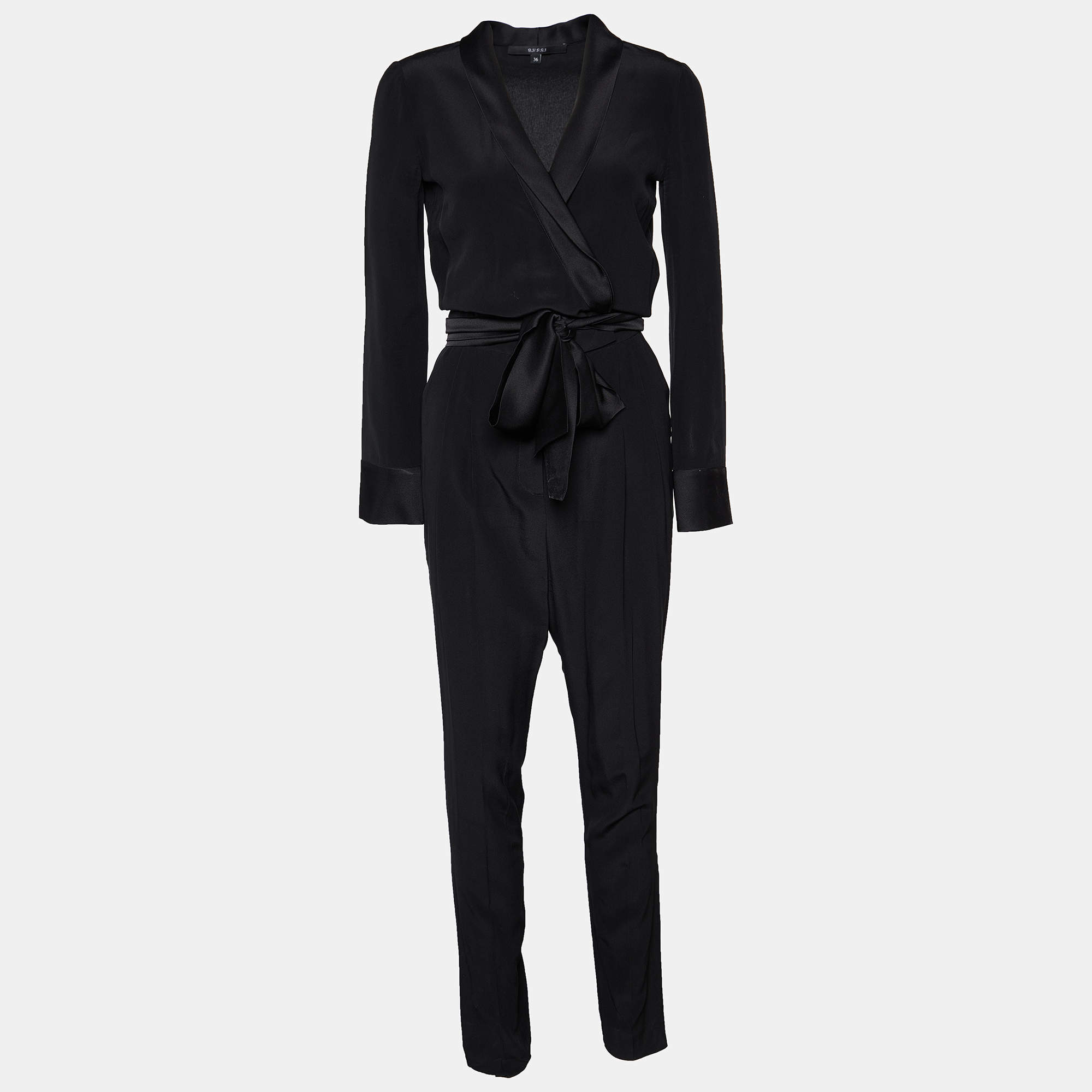 Gucci Black Silk & Satin Lapel Belted Jumpsuit XS