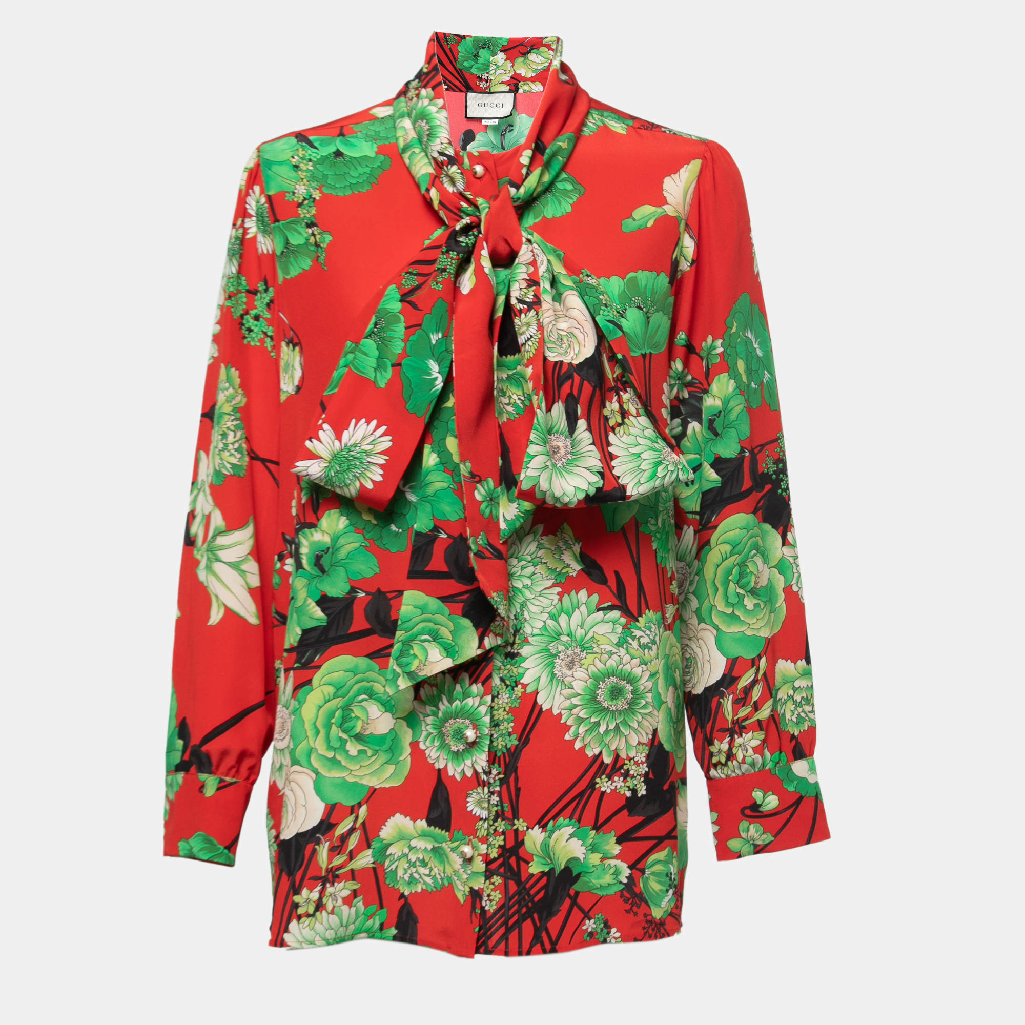 Pre Owned Gucci Red Floral Printed Silk Button Front Tie Neck Blouse M
