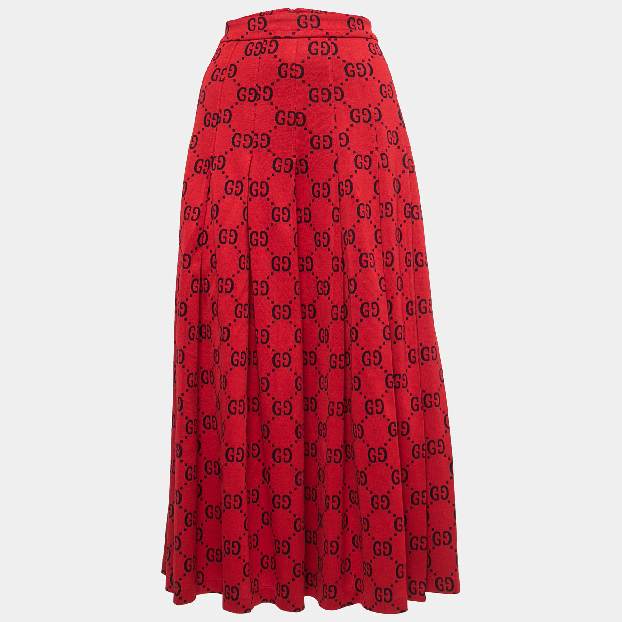 Gucci Red GG Print Cotton Knit Pleated Maxi Skirt M