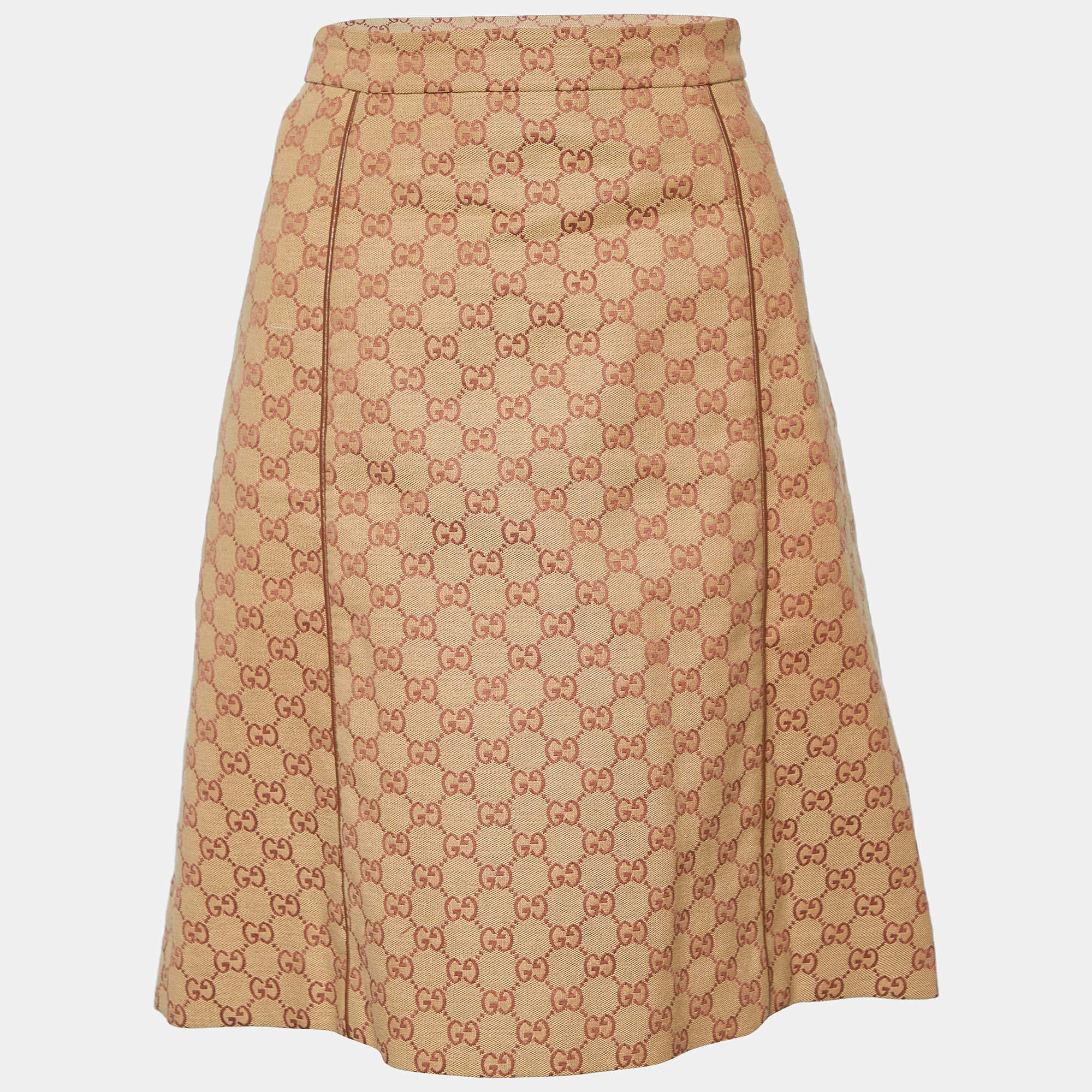 Pre Owned Gucci Light Brown Logo Monogram Cotton Mini Skirt L